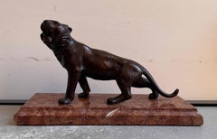Japanese Bronze Tiger Sculpture on Marble Base, Meiji Period, Late 19th Century