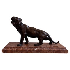Japanese Bronze Tiger Sculpture on Marble Base, Meiji Period, Late 19th Century