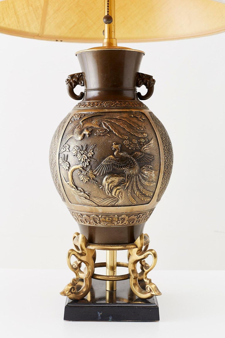 Hand-Crafted Japanese Bronze Urn Vase Mounted as Table Lamp For Sale