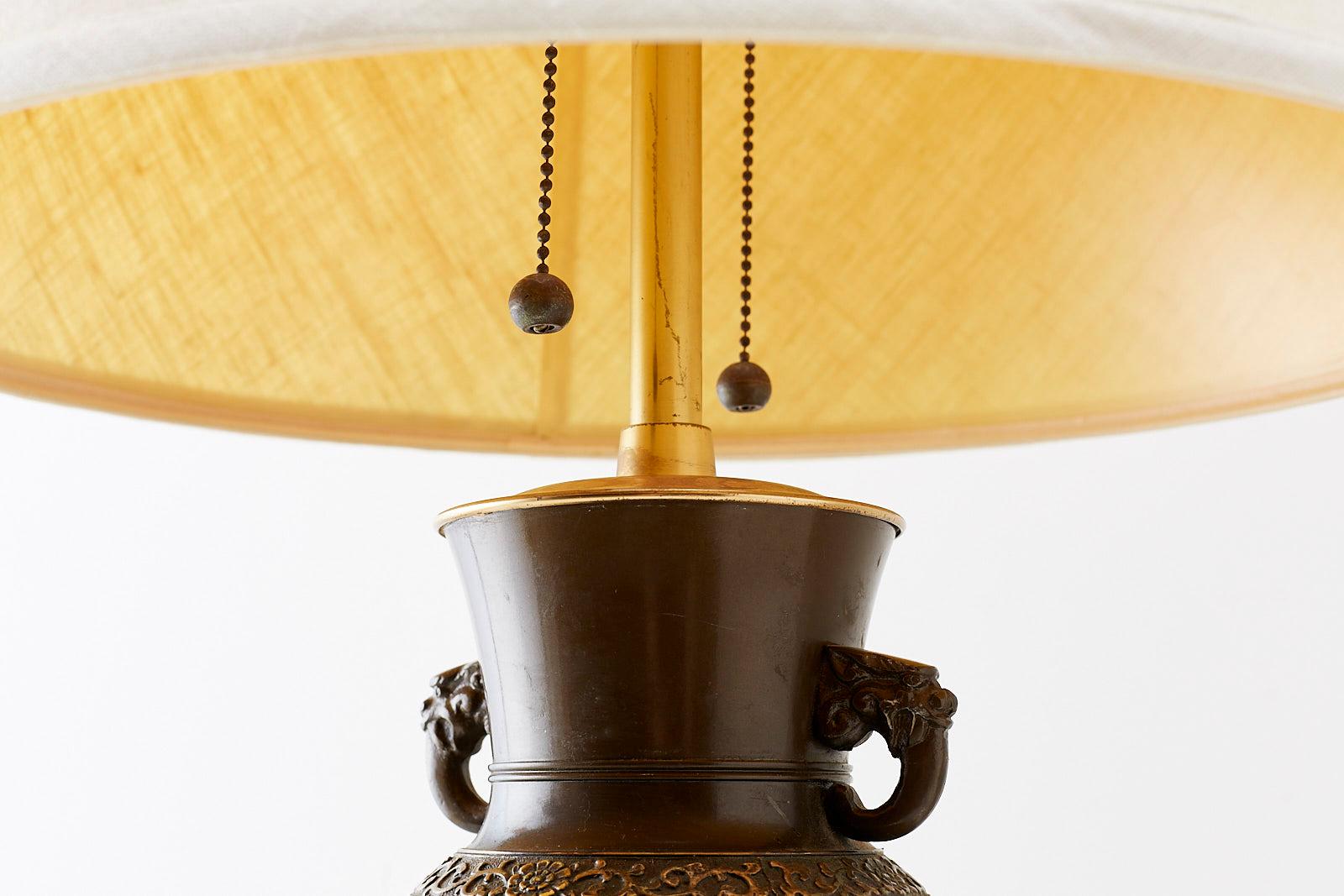 Hand-Crafted Japanese Bronze Urn Vase Mounted as Table Lamp For Sale