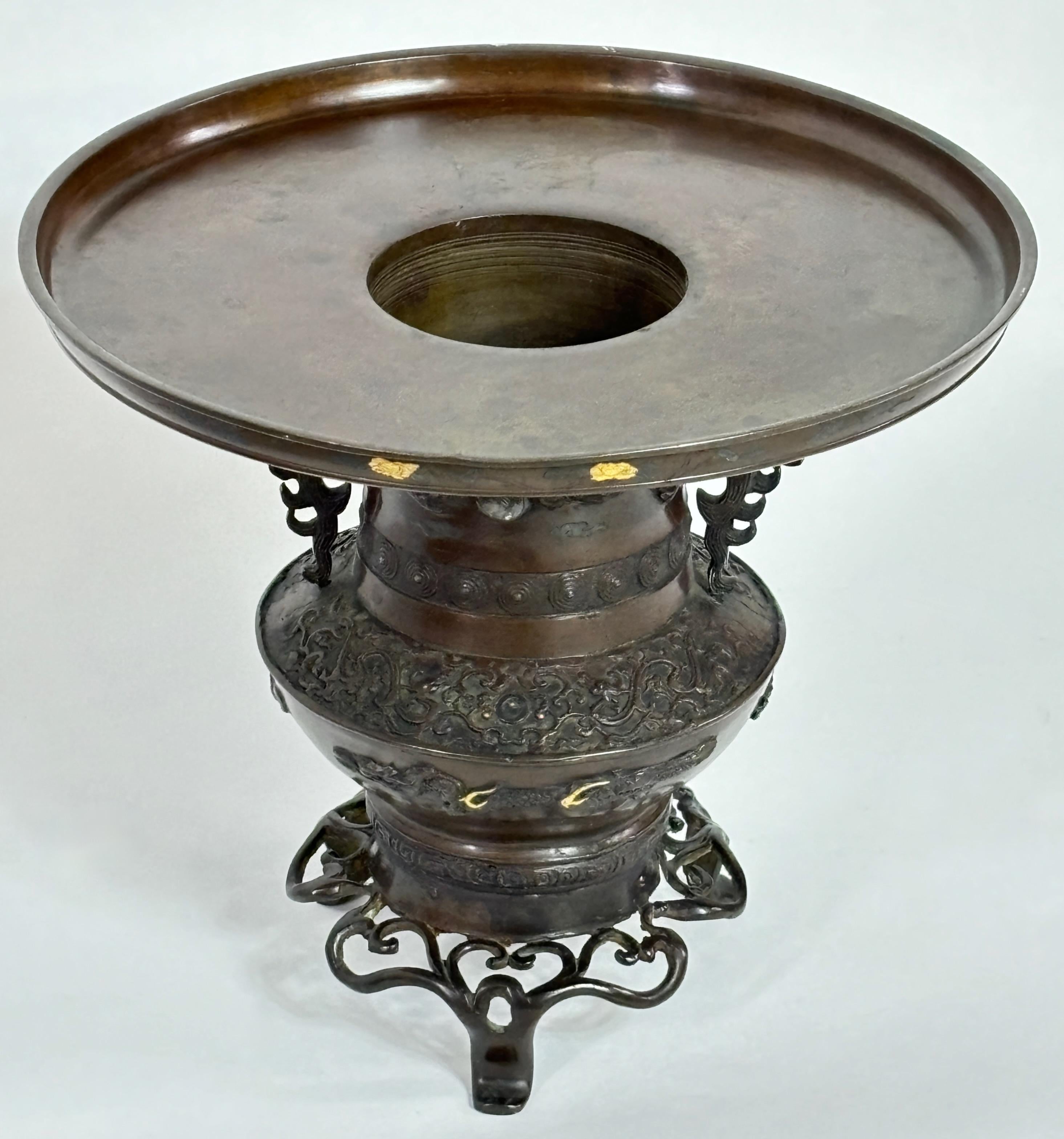 Meiji Japanese Bronze Usubata Ikebana Vase with Inlay For Sale