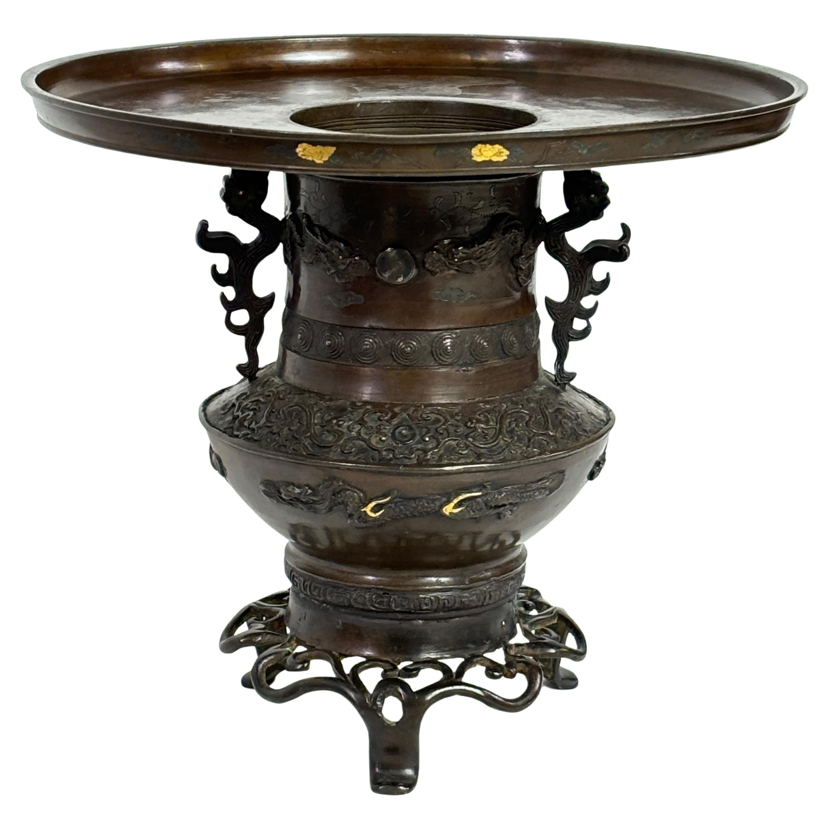 Japanese Bronze Usubata Ikebana Vase with Inlay