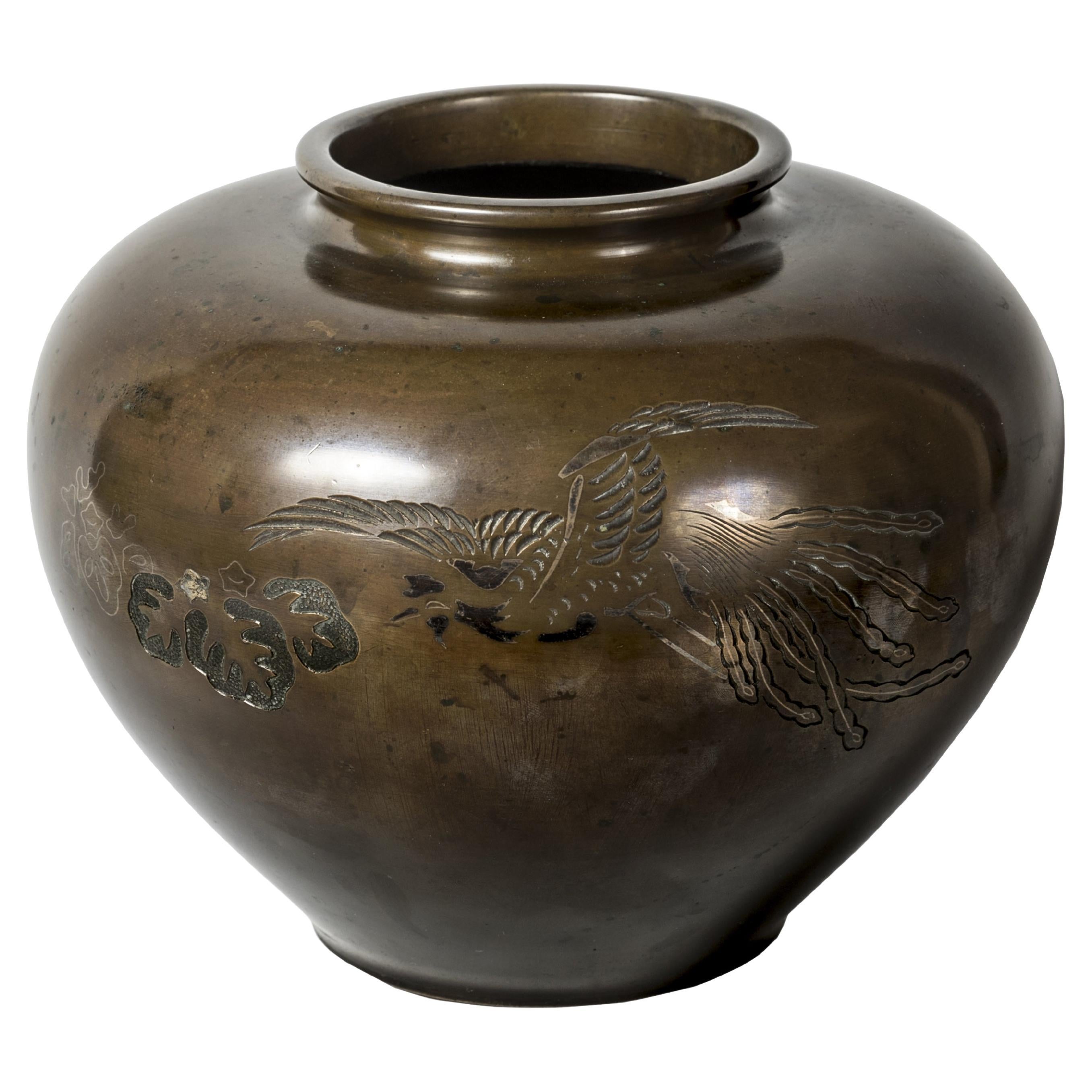Japanese Bronze Vase decorated with a Phoenix and paulownia leaves