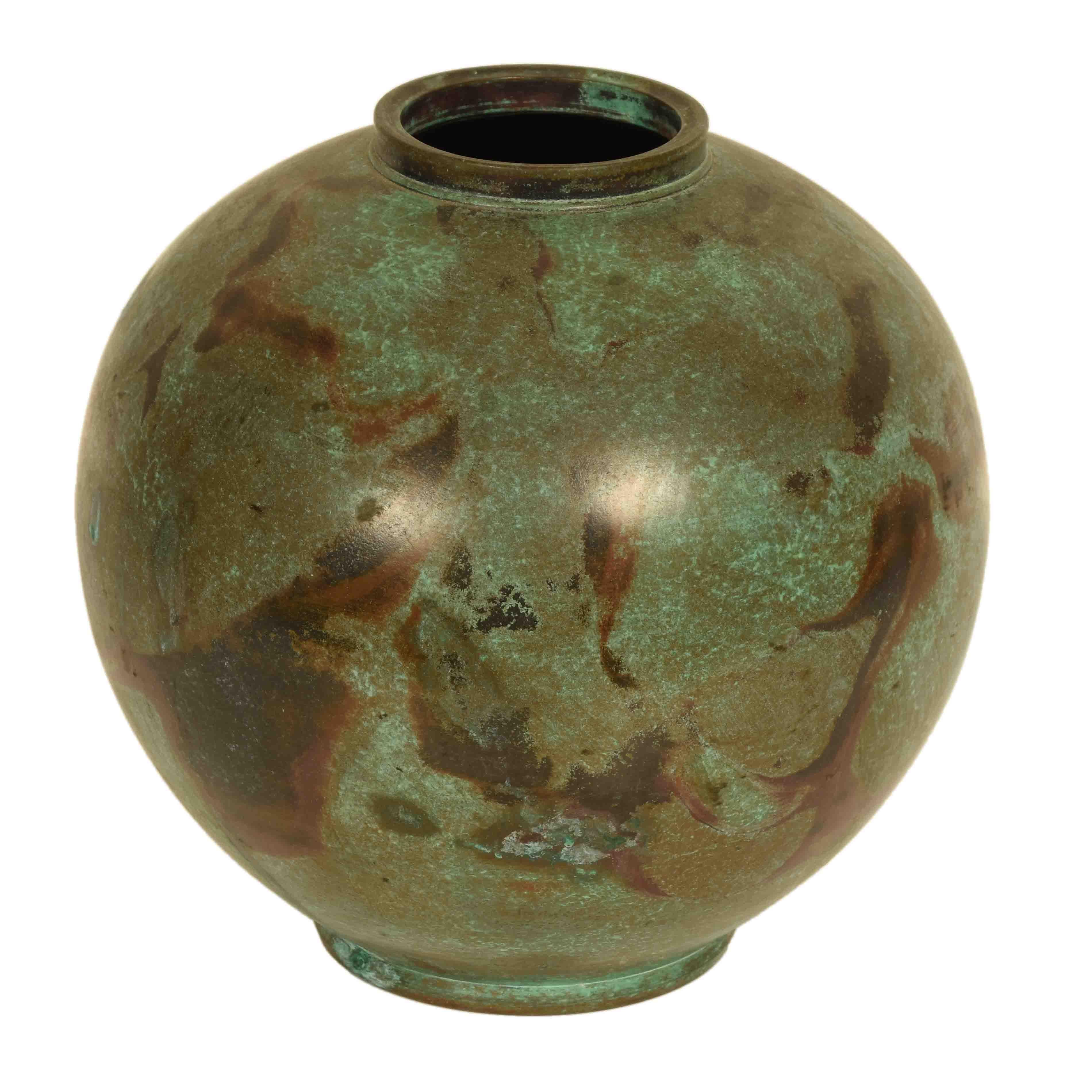 A vintage, Japanese bronze vase from Takaoka. Takaoka is a city on the main island of Honshu. While bronze work originated in China, Japanese artisans have developed an array of techniques in the production of decorative bronzes that have elevated