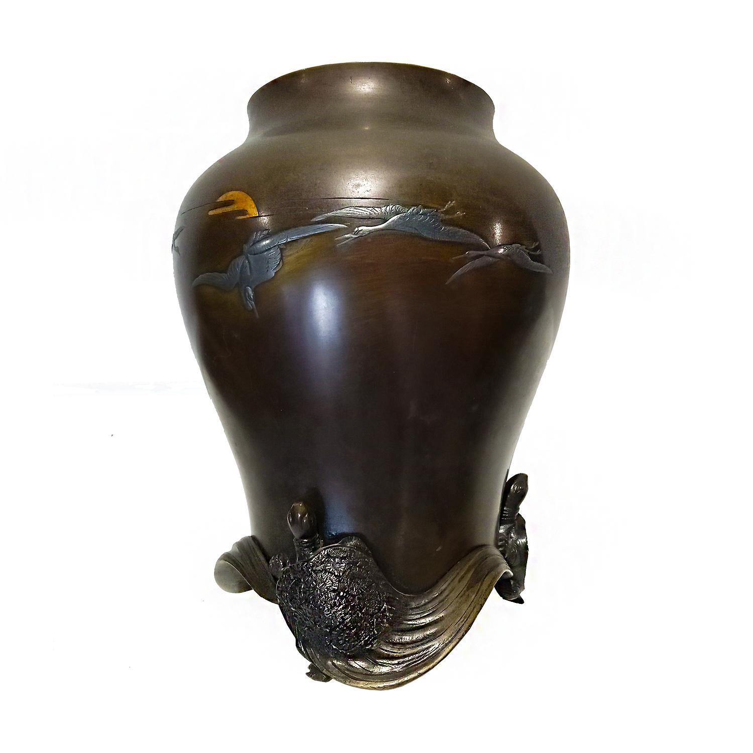 Hand-Carved Japanese Bronze Vase, Meiji Period For Sale