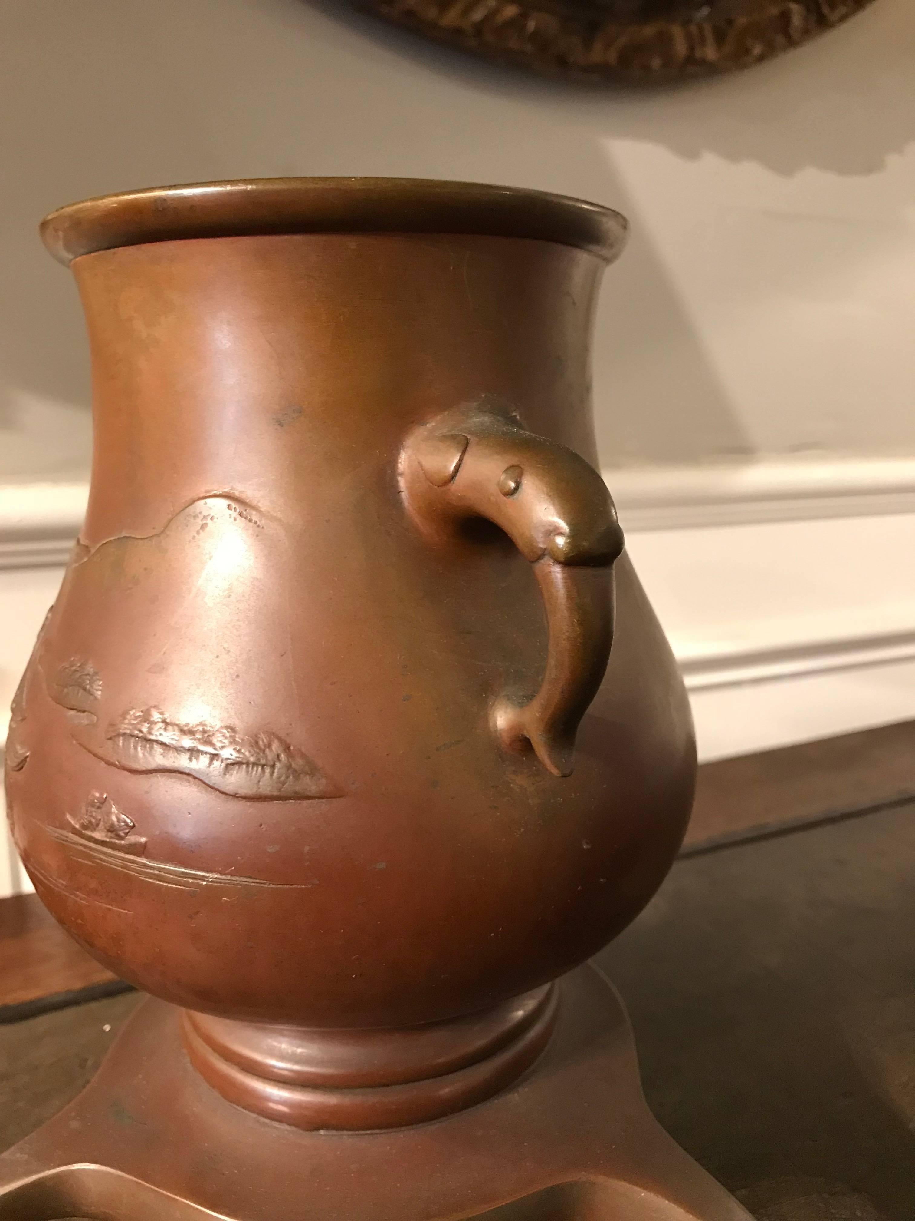 Japanese Bronze Vase on Tripod Base, Signed For Sale 5