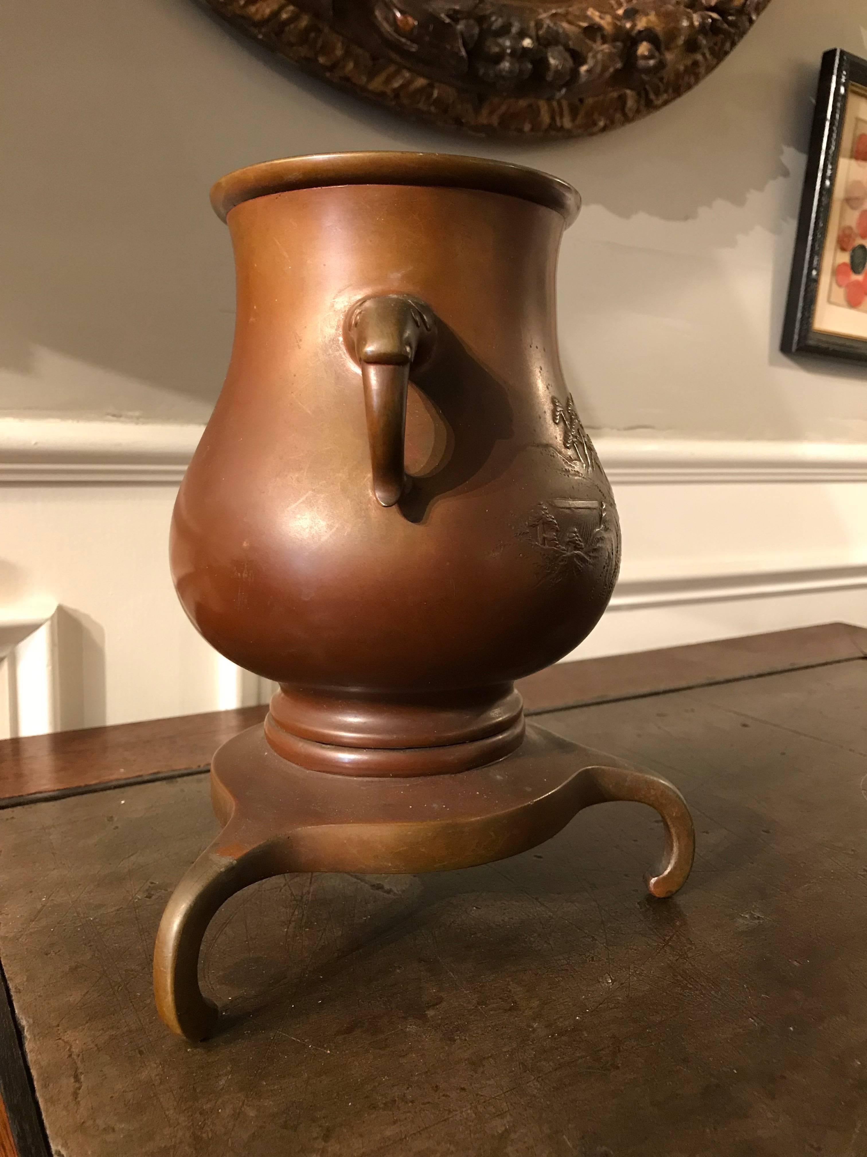 Meiji Japanese Bronze Vase on Tripod Base, Signed For Sale