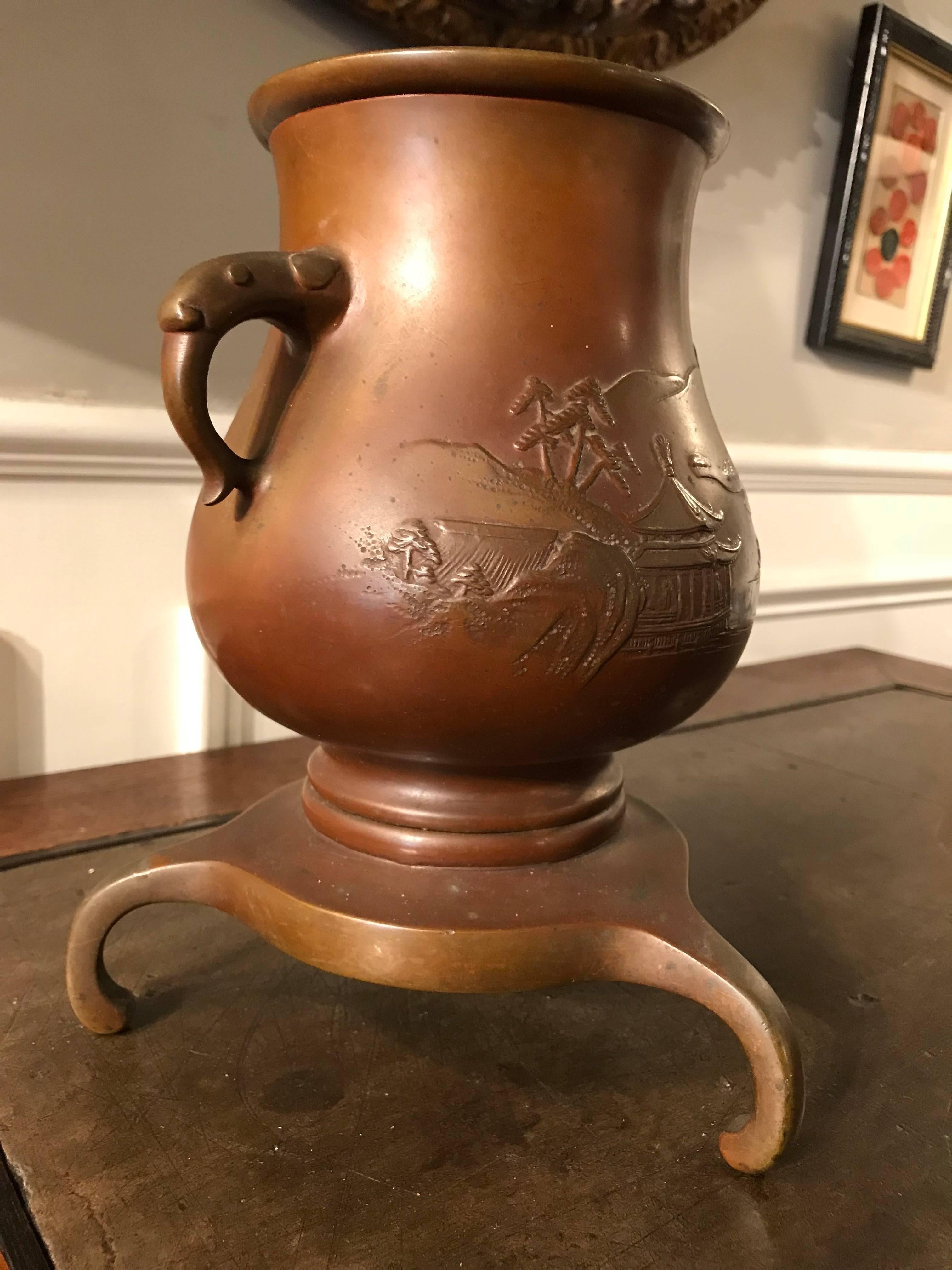 Japanese Bronze Vase on Tripod Base, Signed In Excellent Condition For Sale In Stamford, CT