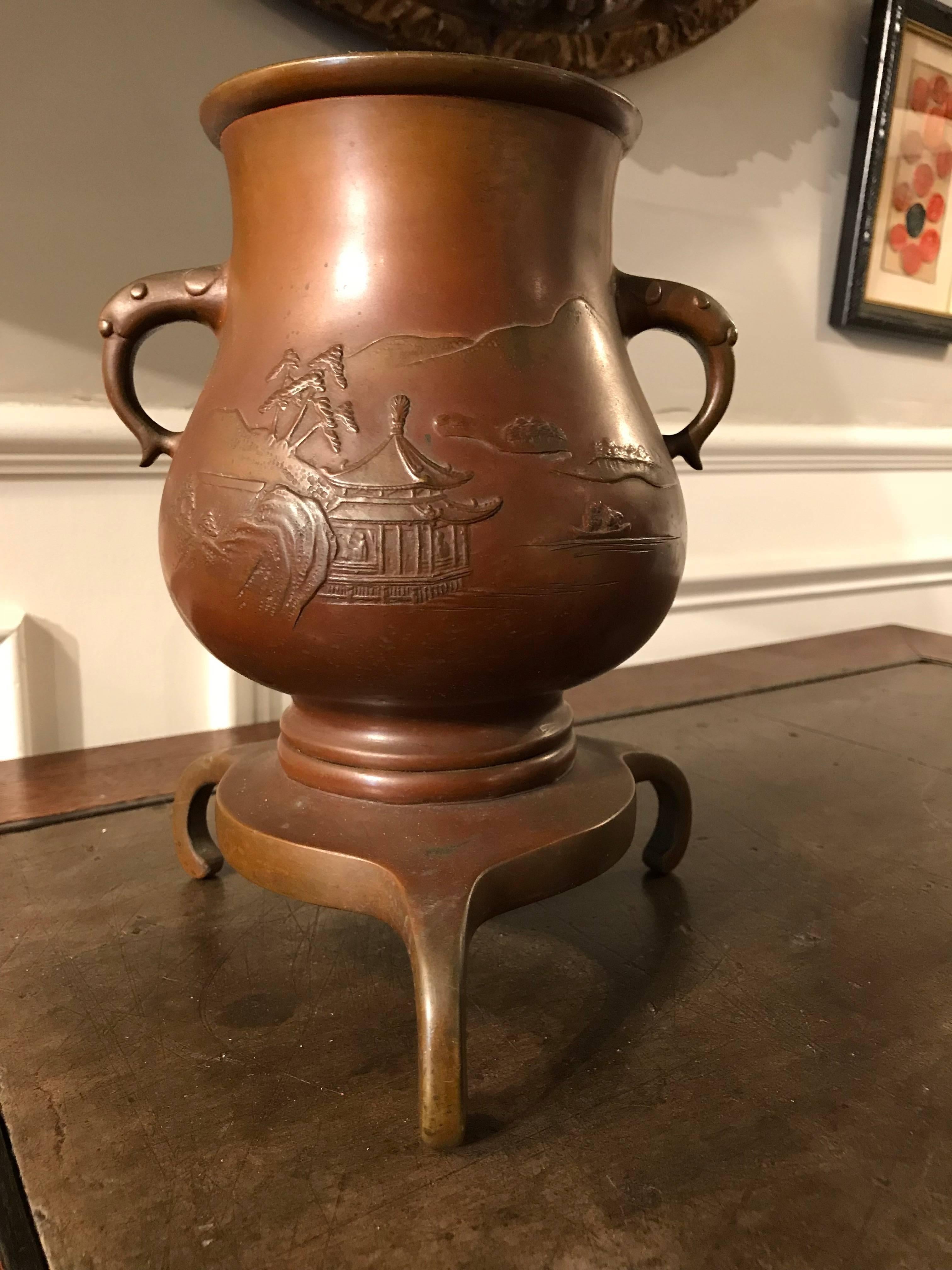 Japanese Bronze Vase on Tripod Base, Signed For Sale 1