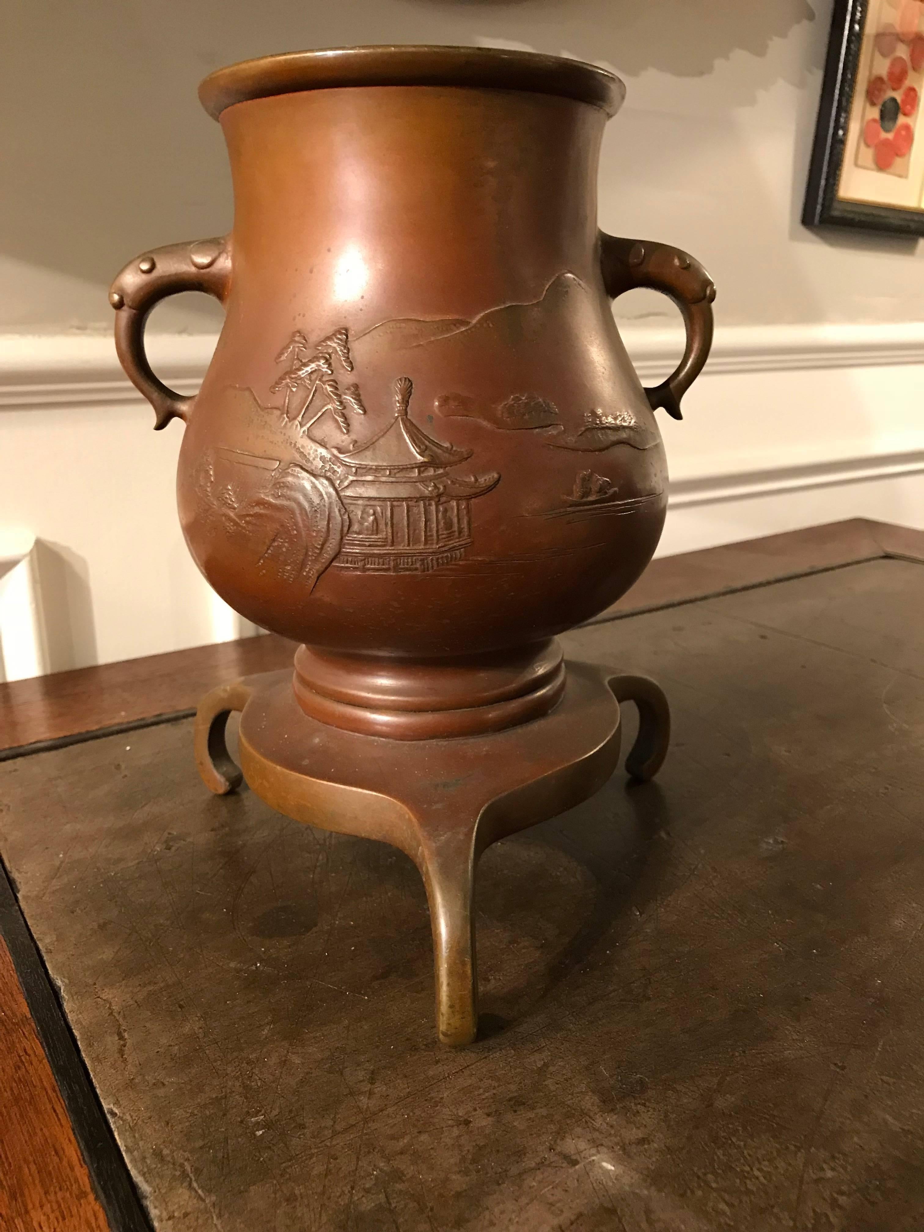 Japanese Bronze Vase on Tripod Base, Signed For Sale 2