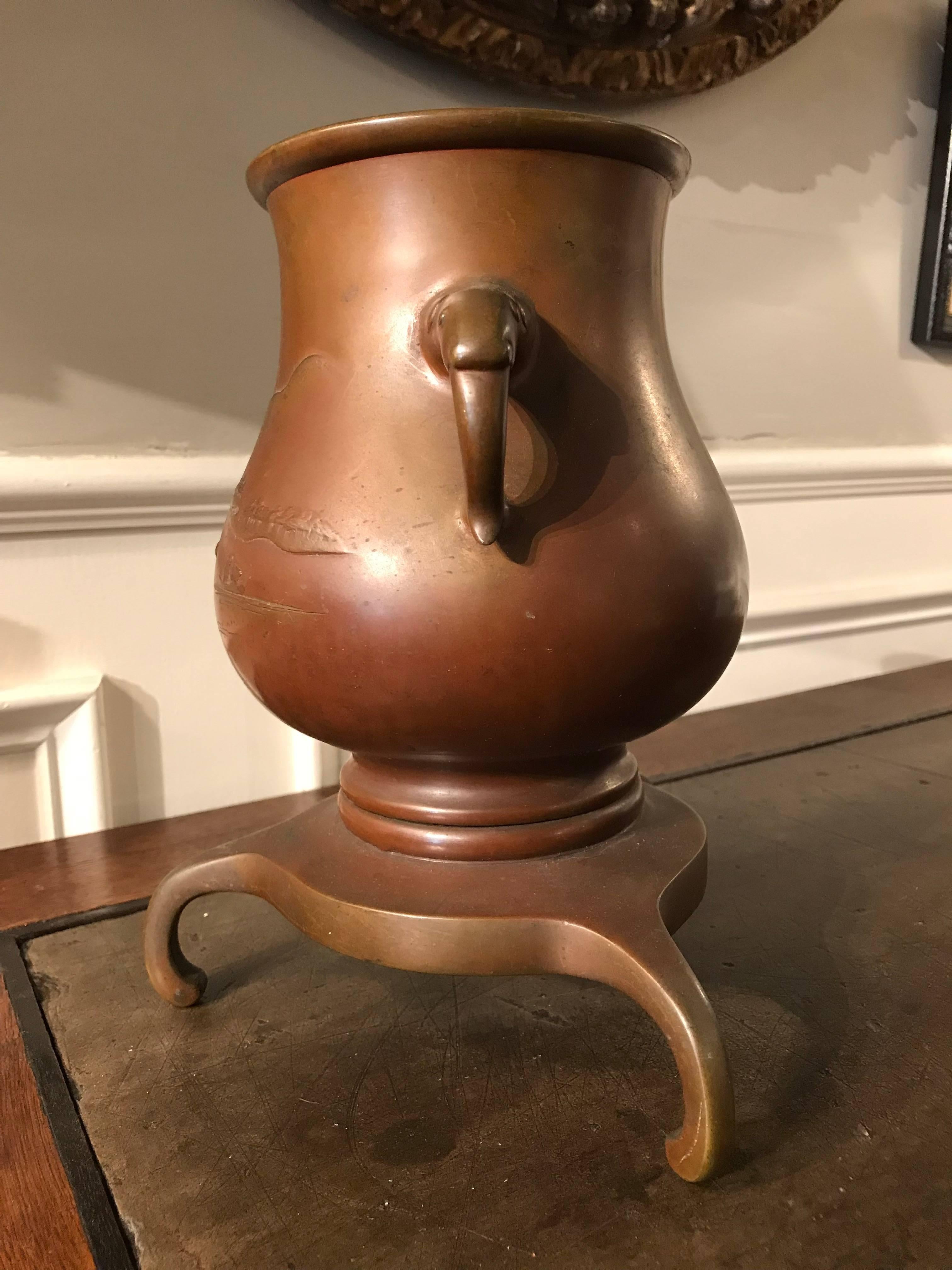 Japanese Bronze Vase on Tripod Base, Signed For Sale 4