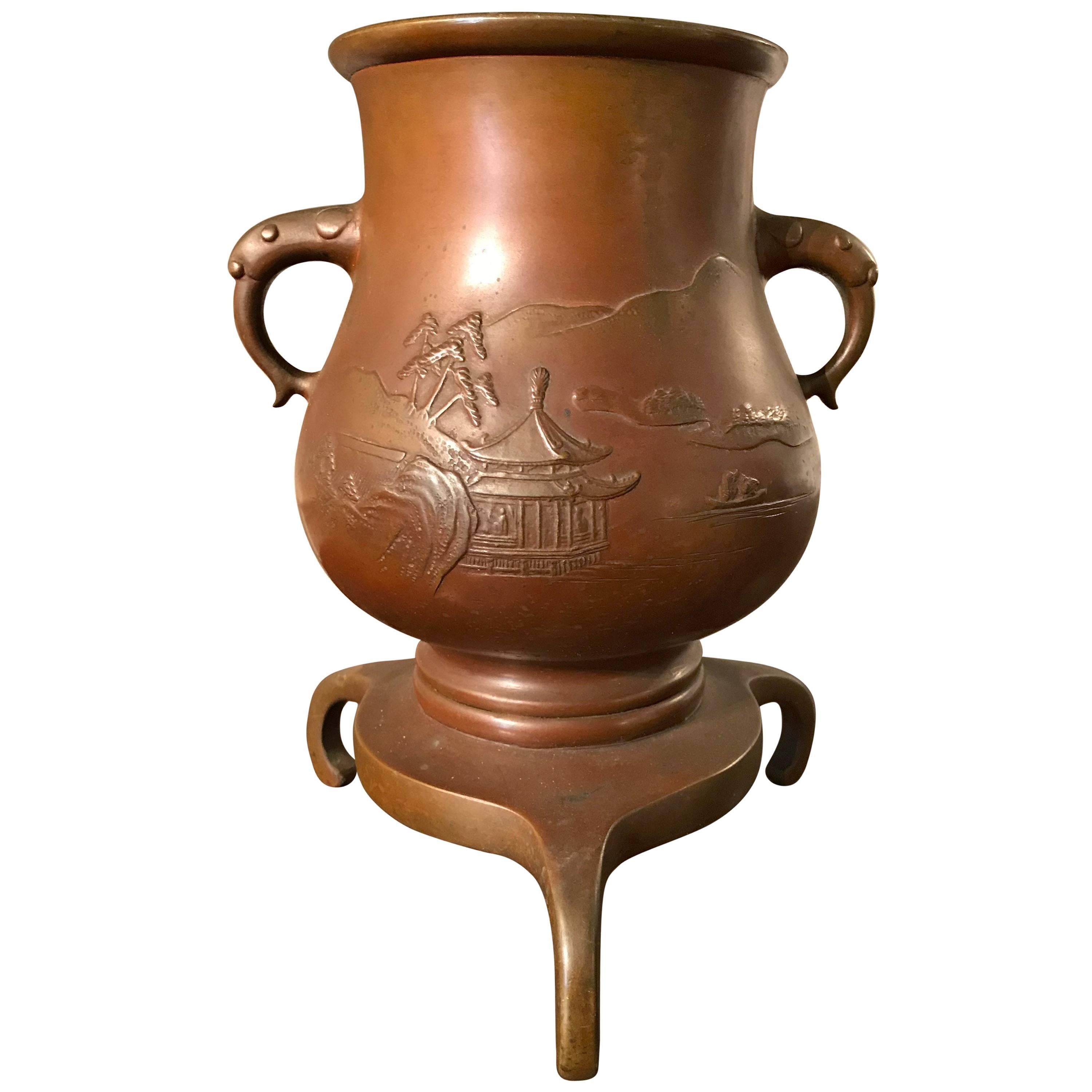 Japanese Bronze Vase on Tripod Base, Signed For Sale