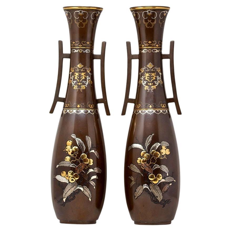 Japanese Bronze Vase Pair  Meiji Period For Sale