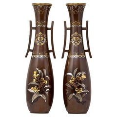 Antique Japanese Bronze Vase Pair  Meiji Period