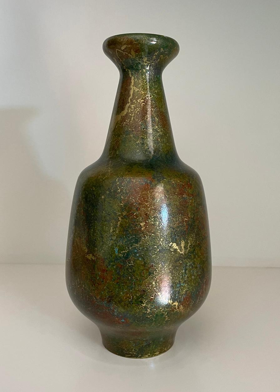 Patinated Japanese Bronze Vase, Signed, with Gold, Red and Green Patination, 20th Century For Sale