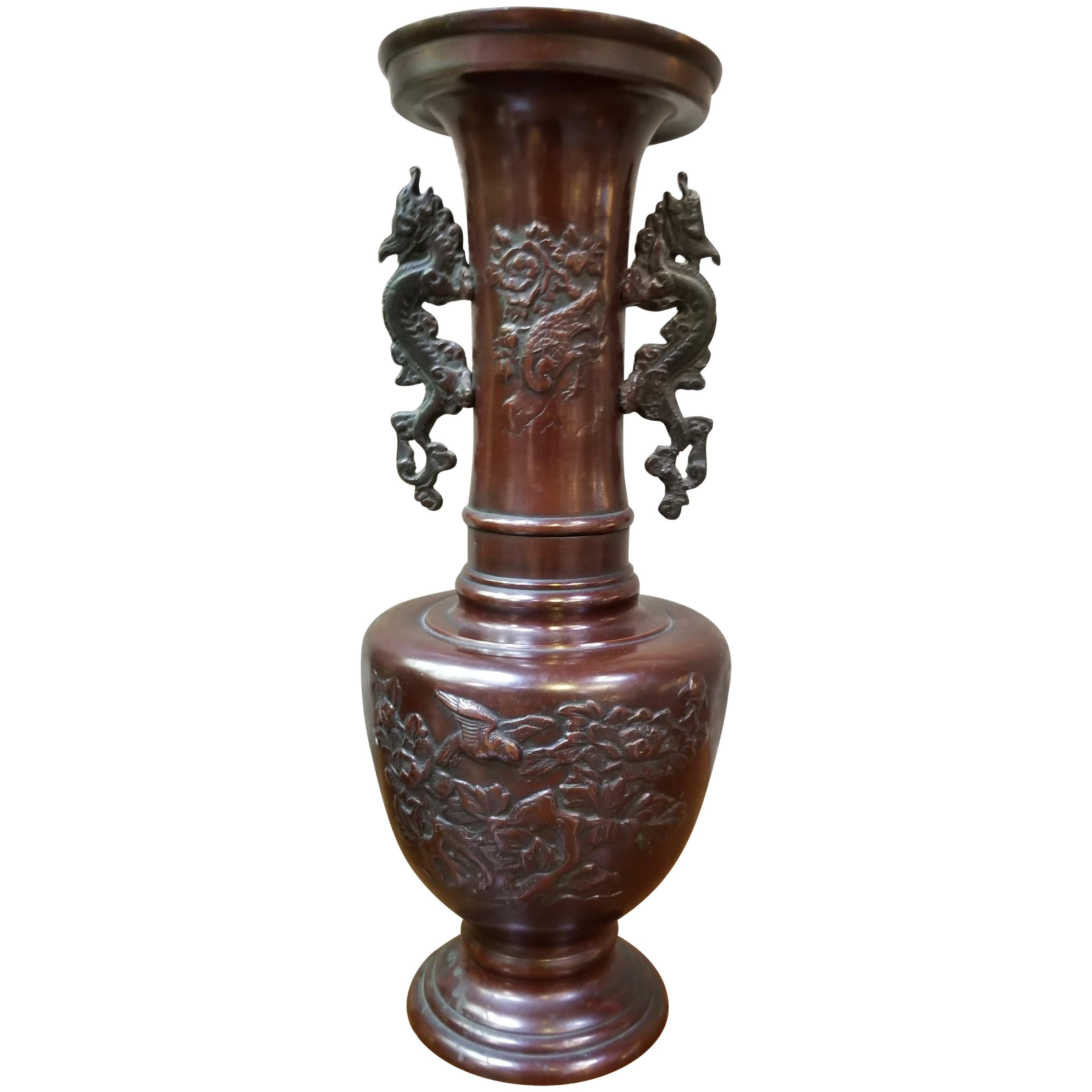 Japanese Bronze Vase with Dragon, Bird and Flora Motif For Sale