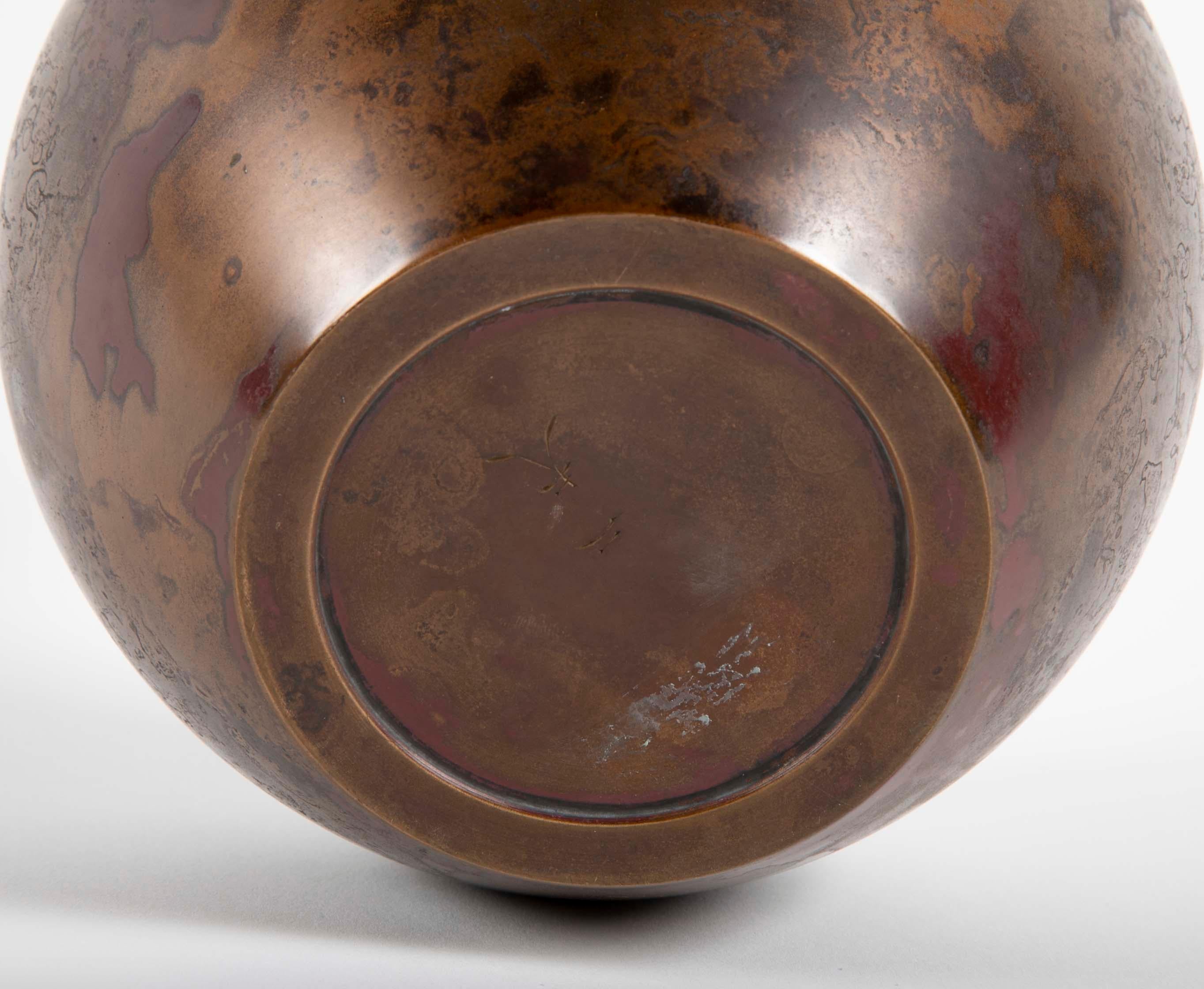 Showa Japanese Bronze Vase with Marbleized Patina For Sale