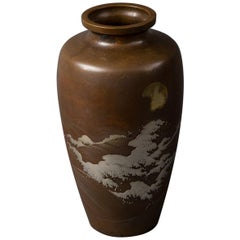 Antique Japanese Bronze Vase with Multi Metal Landscape