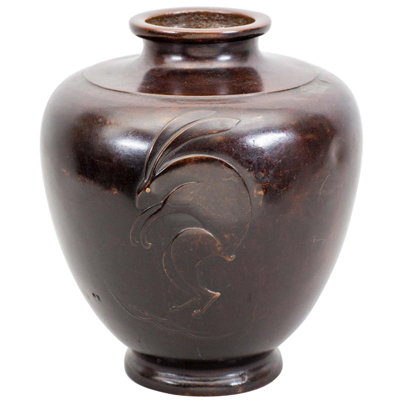 Japanese Bronze Vase with Rabbit Design at 1stDibs
