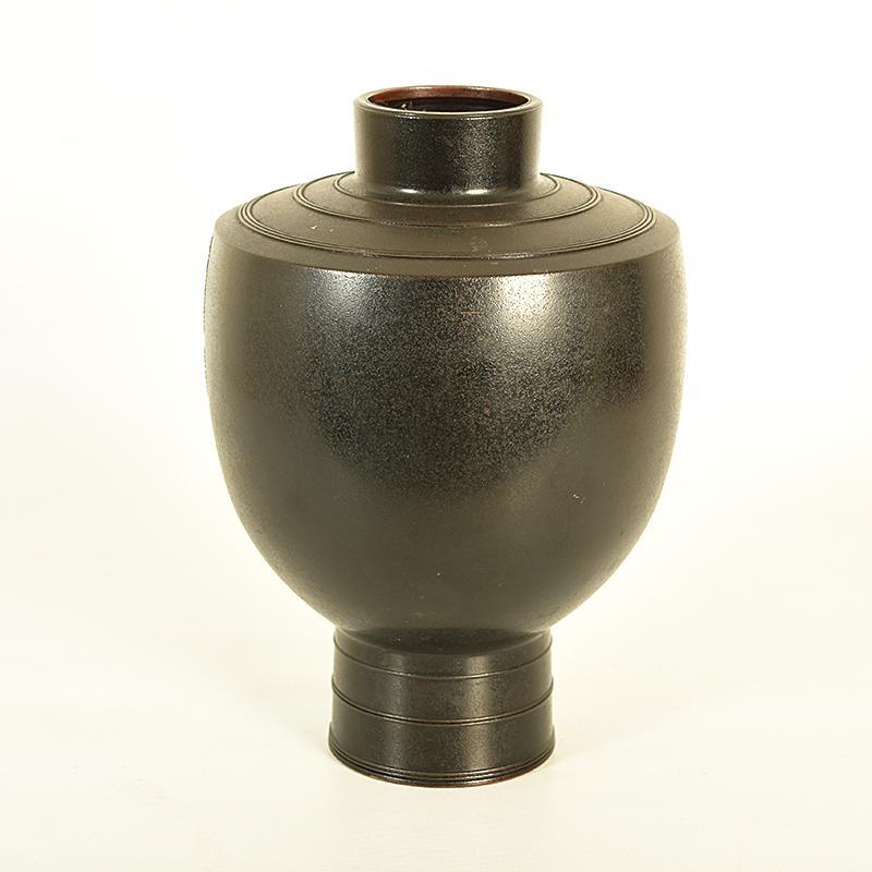 Cast Japanese Bronze Vase with Silver Inlay and Artist Stamp, Early 20th Century