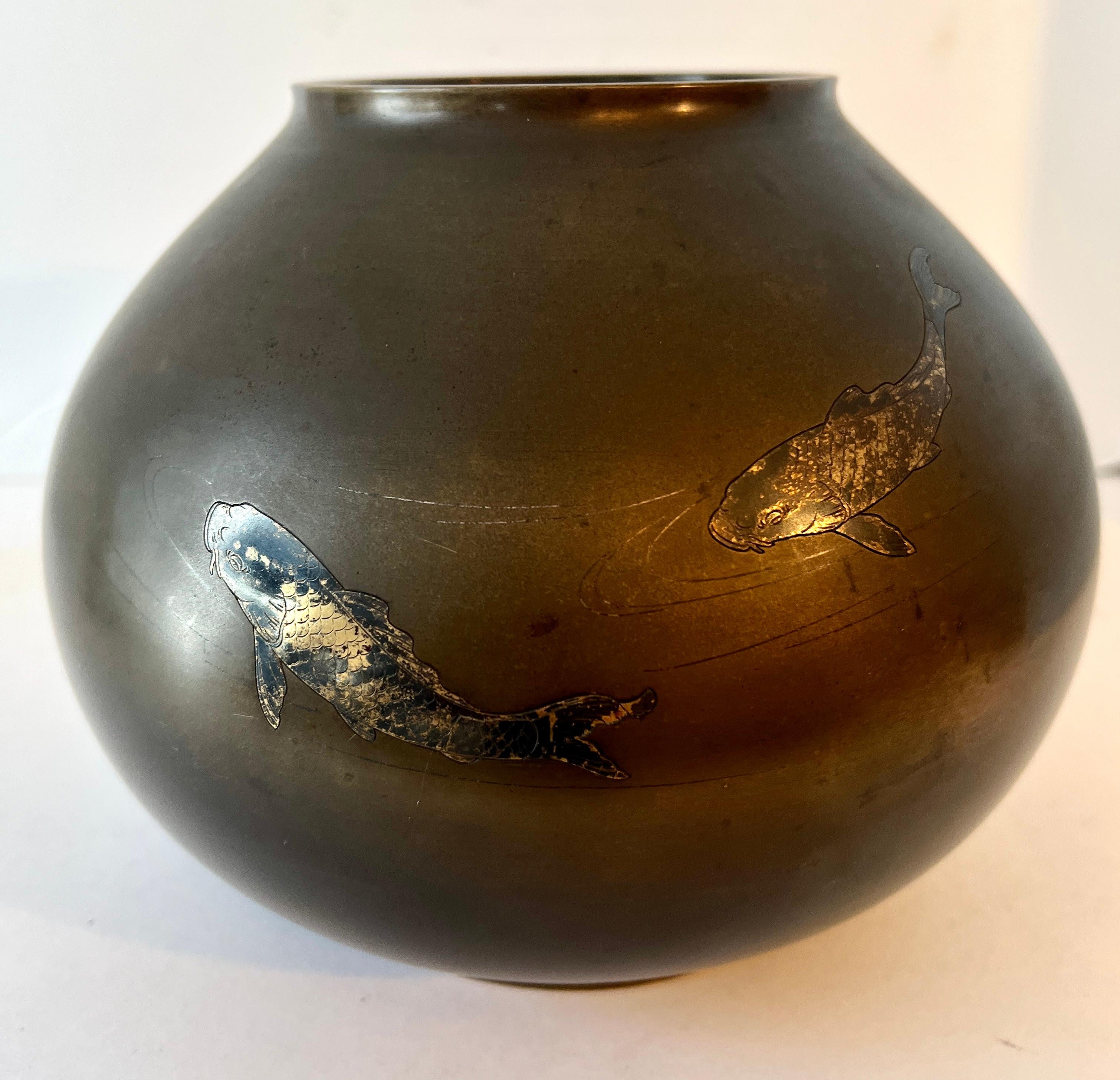 Asian Bronze Vase with Silver Inlay and Etched Koi Fish 6