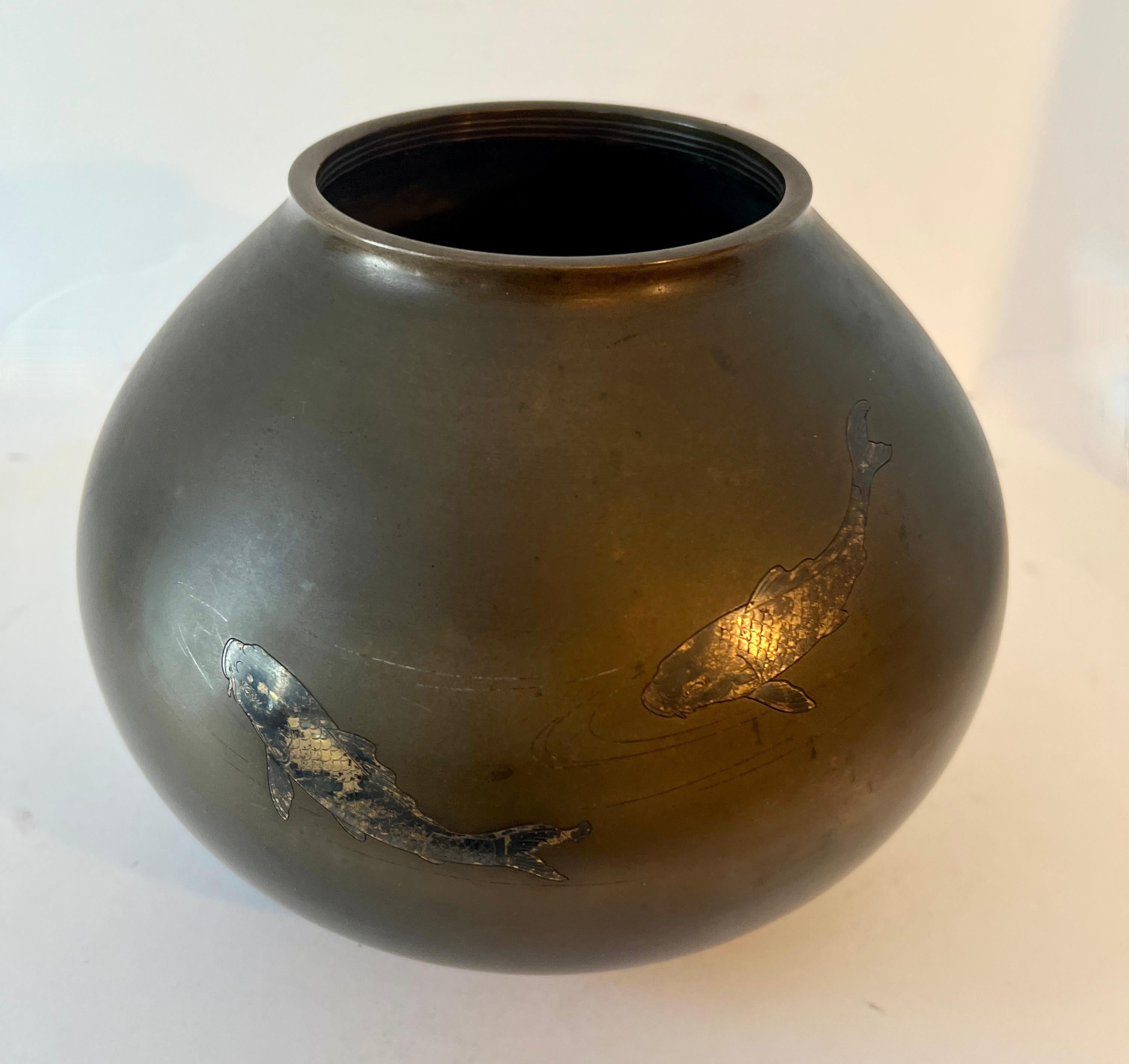 Asian Bronze Vase with Silver Inlay and Etched Koi Fish 9