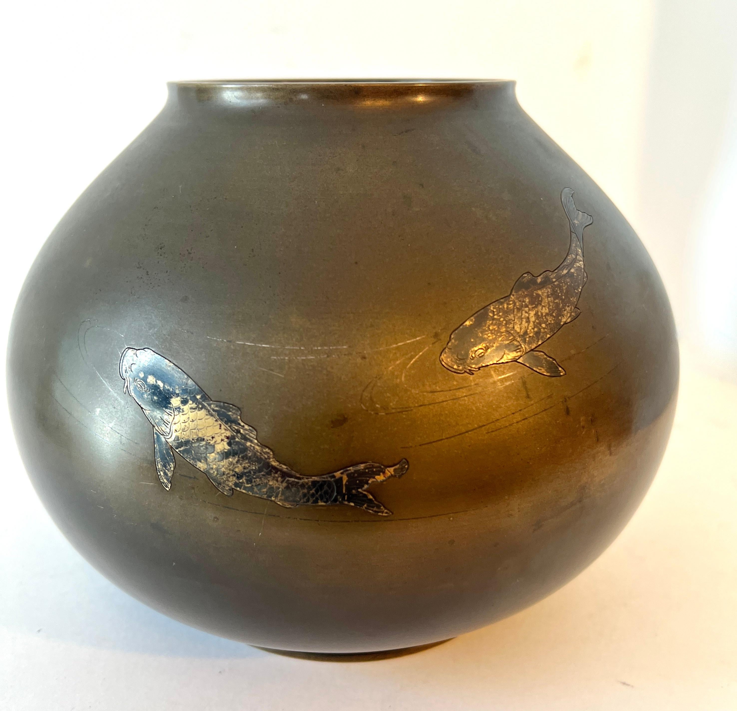 Asian Bronze Vase with Silver Inlay and Etched Koi Fish In Good Condition In Los Angeles, CA