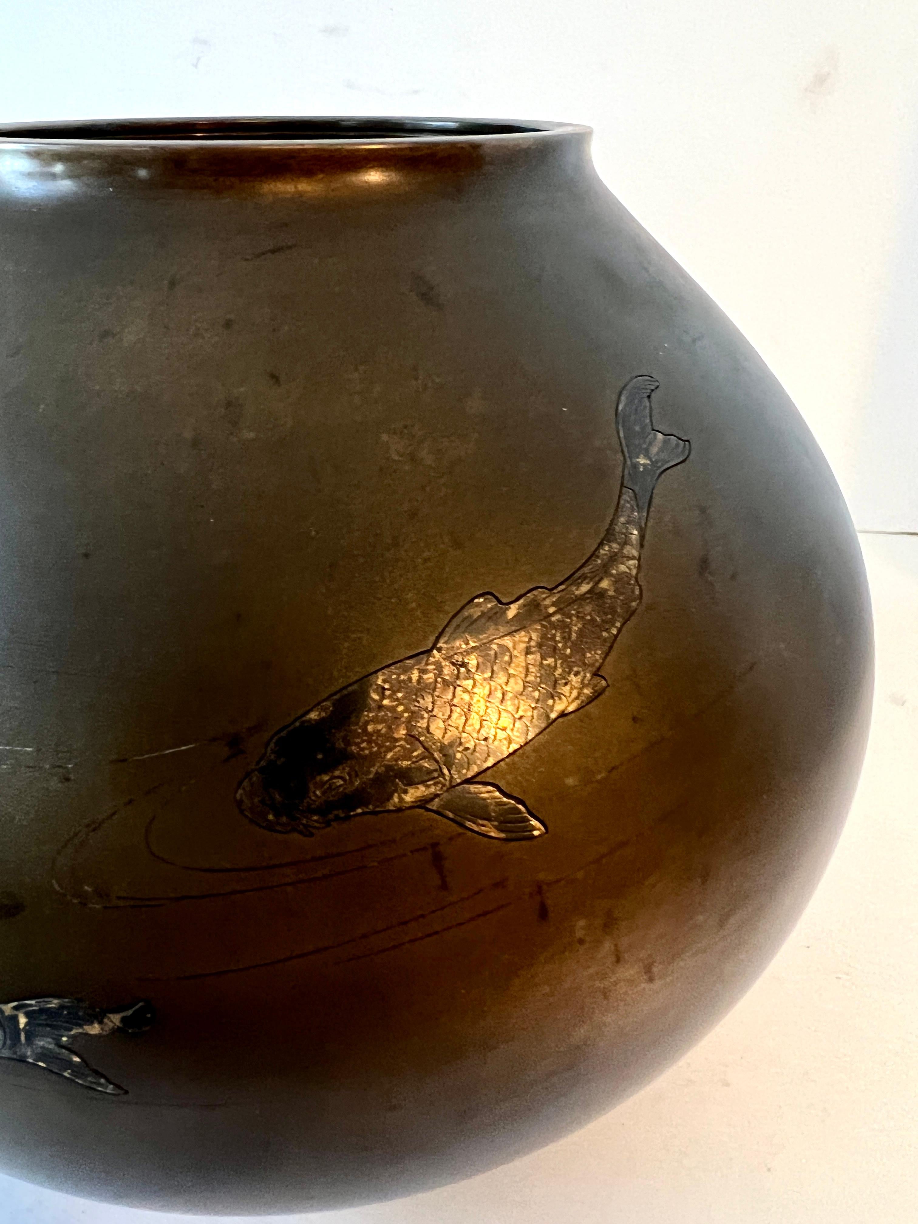 20th Century Asian Bronze Vase with Silver Inlay and Etched Koi Fish