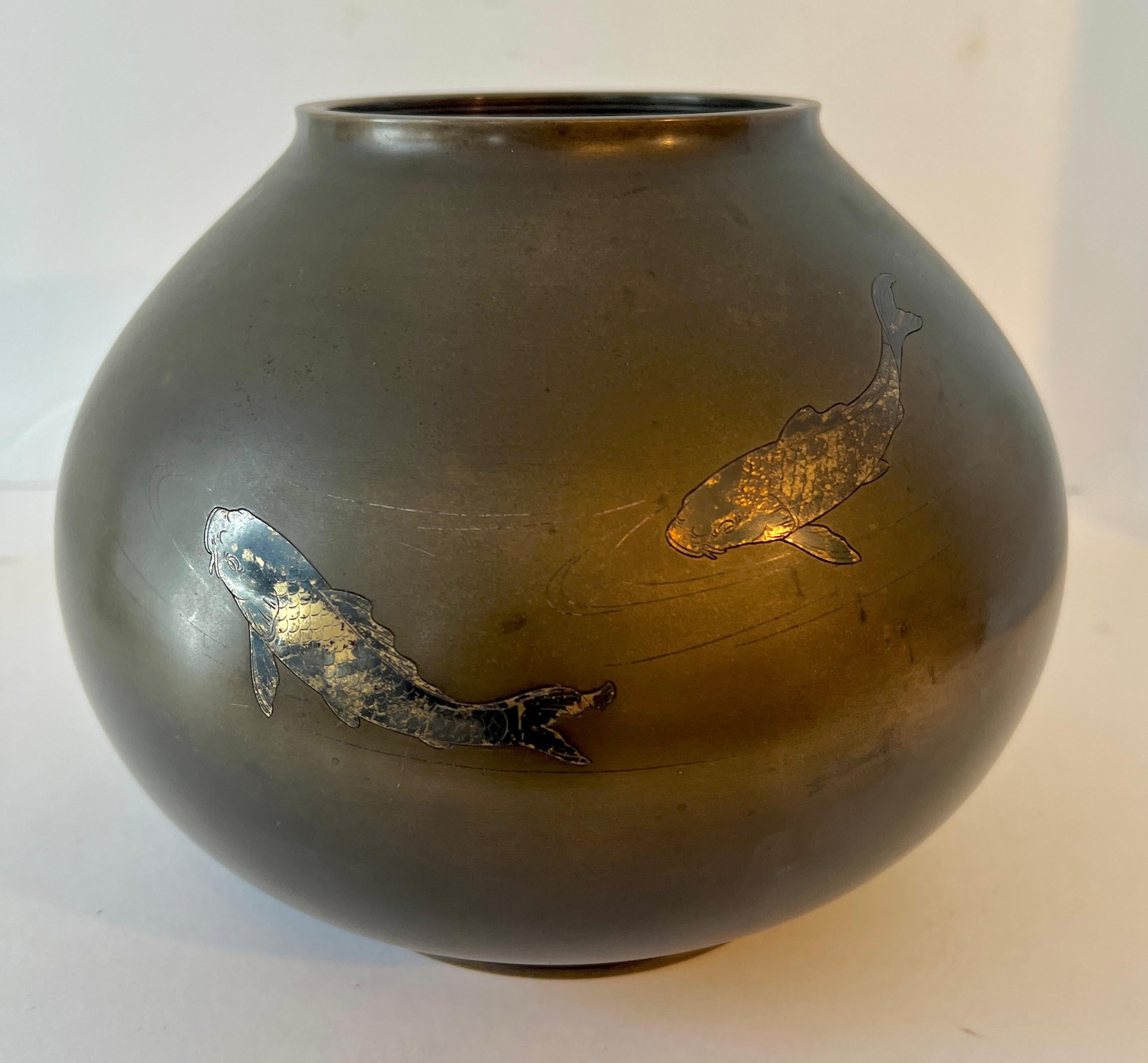 Asian Bronze Vase with Silver Inlay and Etched Koi Fish 2