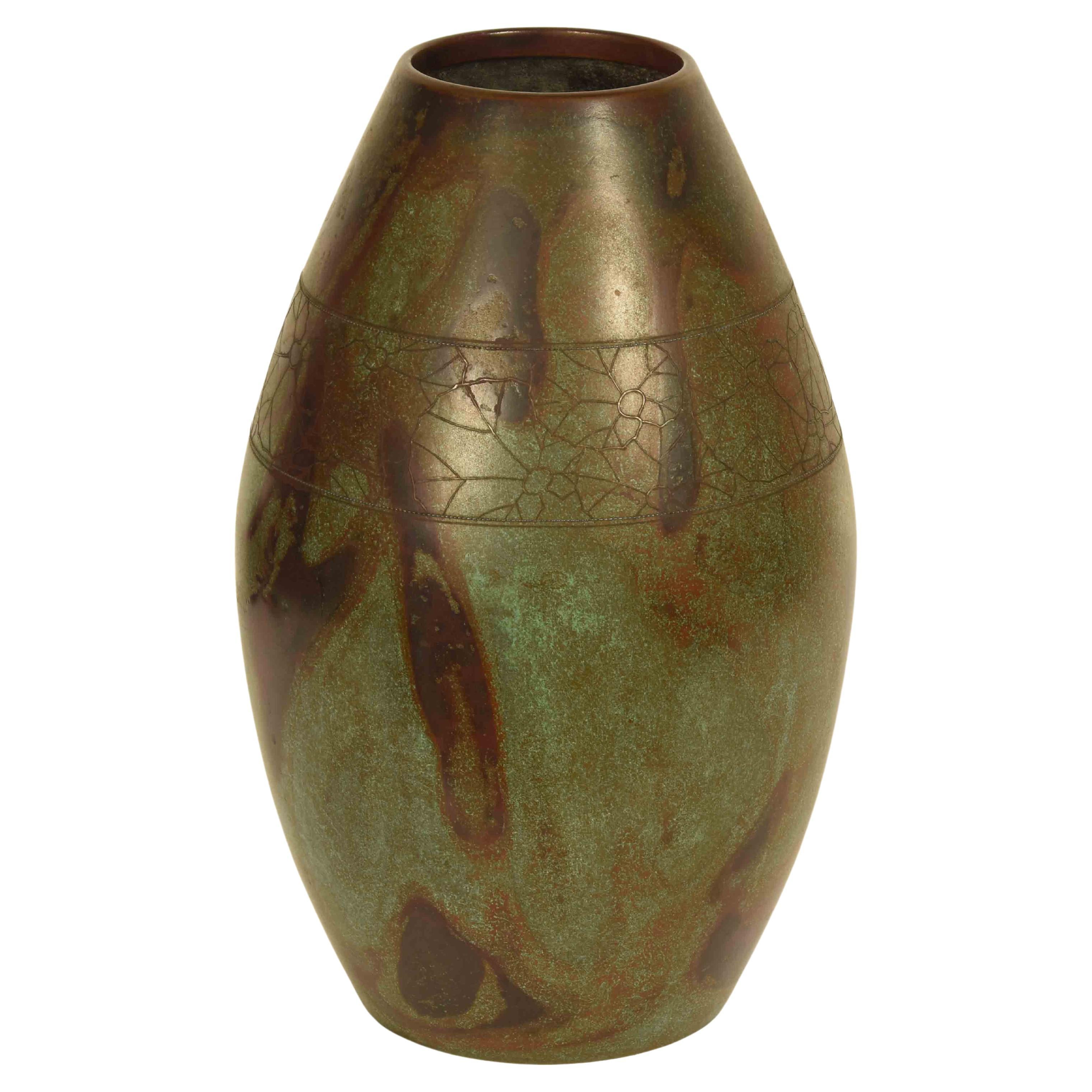Japanese Bronze Vase with Silver Inlay circa 1960's For Sale