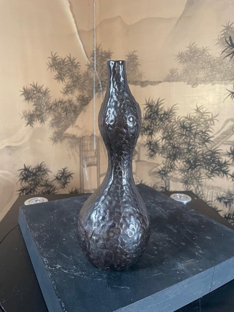 Cast Japanese Bronze Wabi Sabi Gourd Vase, Signed and Boxed