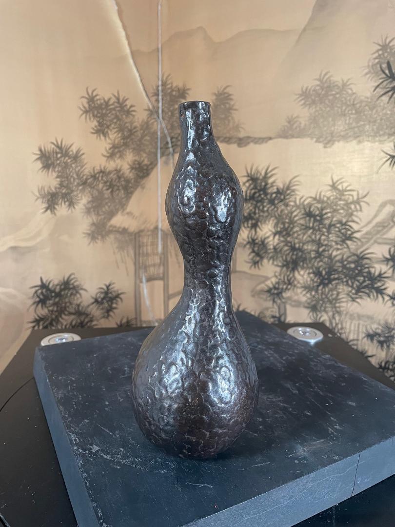 Japanese Bronze Wabi Sabi Gourd Vase, Signed and Boxed In Good Condition In South Burlington, VT
