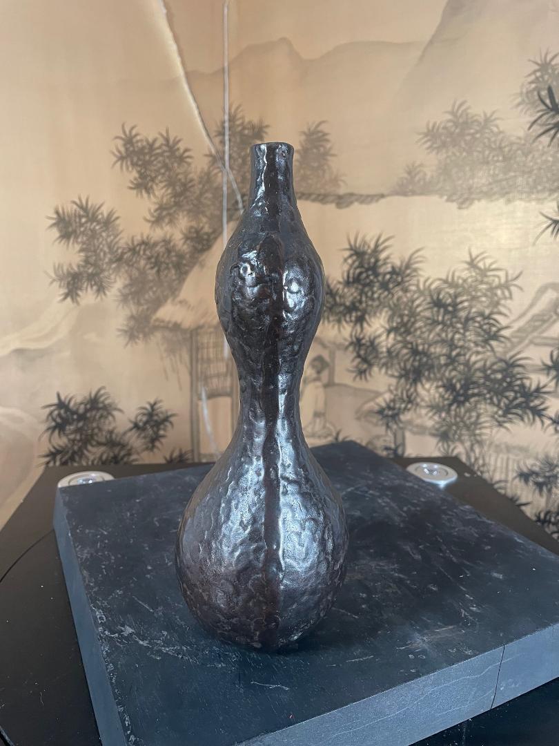 20th Century Japanese Bronze Wabi Sabi Gourd Vase, Signed and Boxed