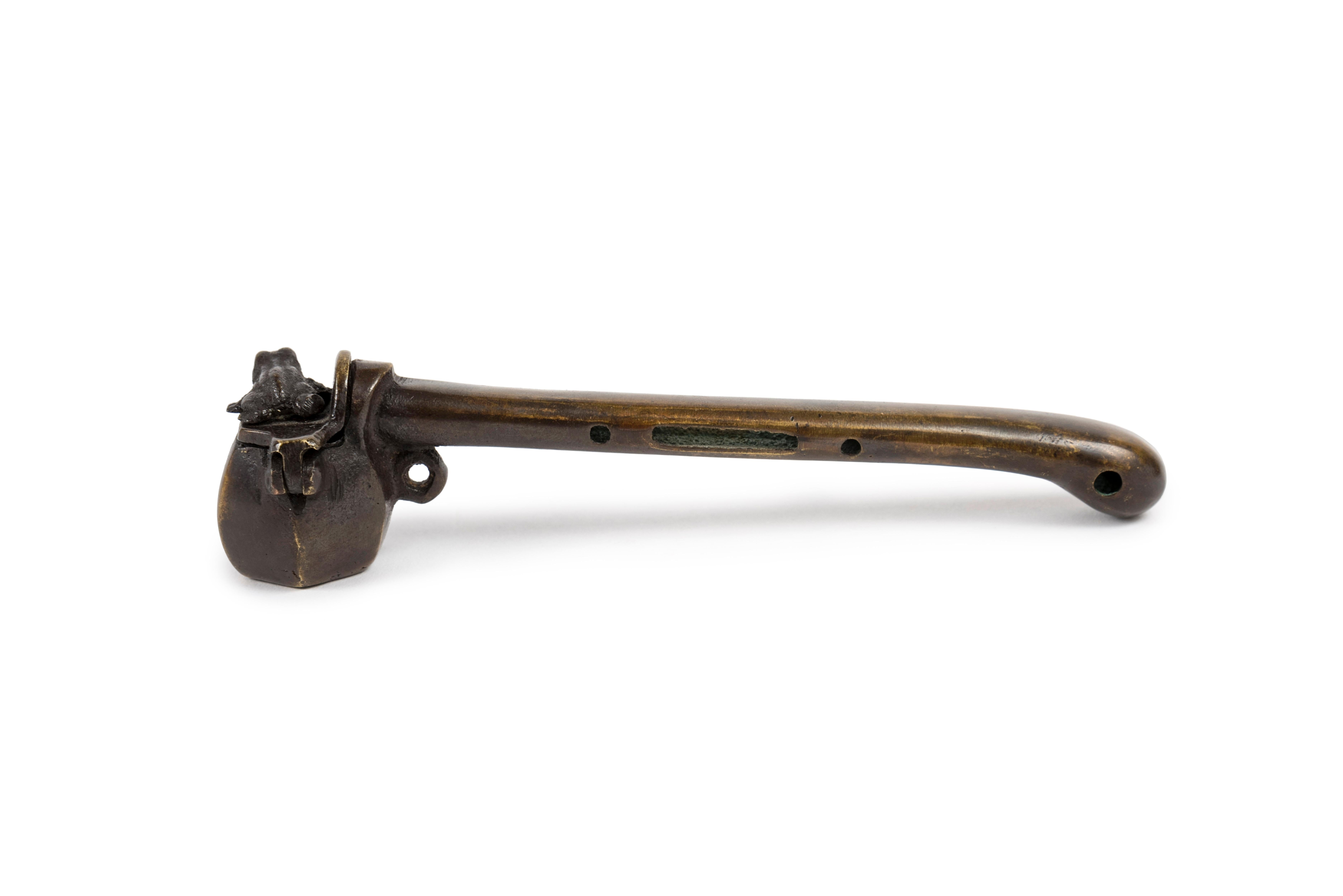 19th Century Japanese Bronze Yatate or writing kit adorned with a small Frog sculpture