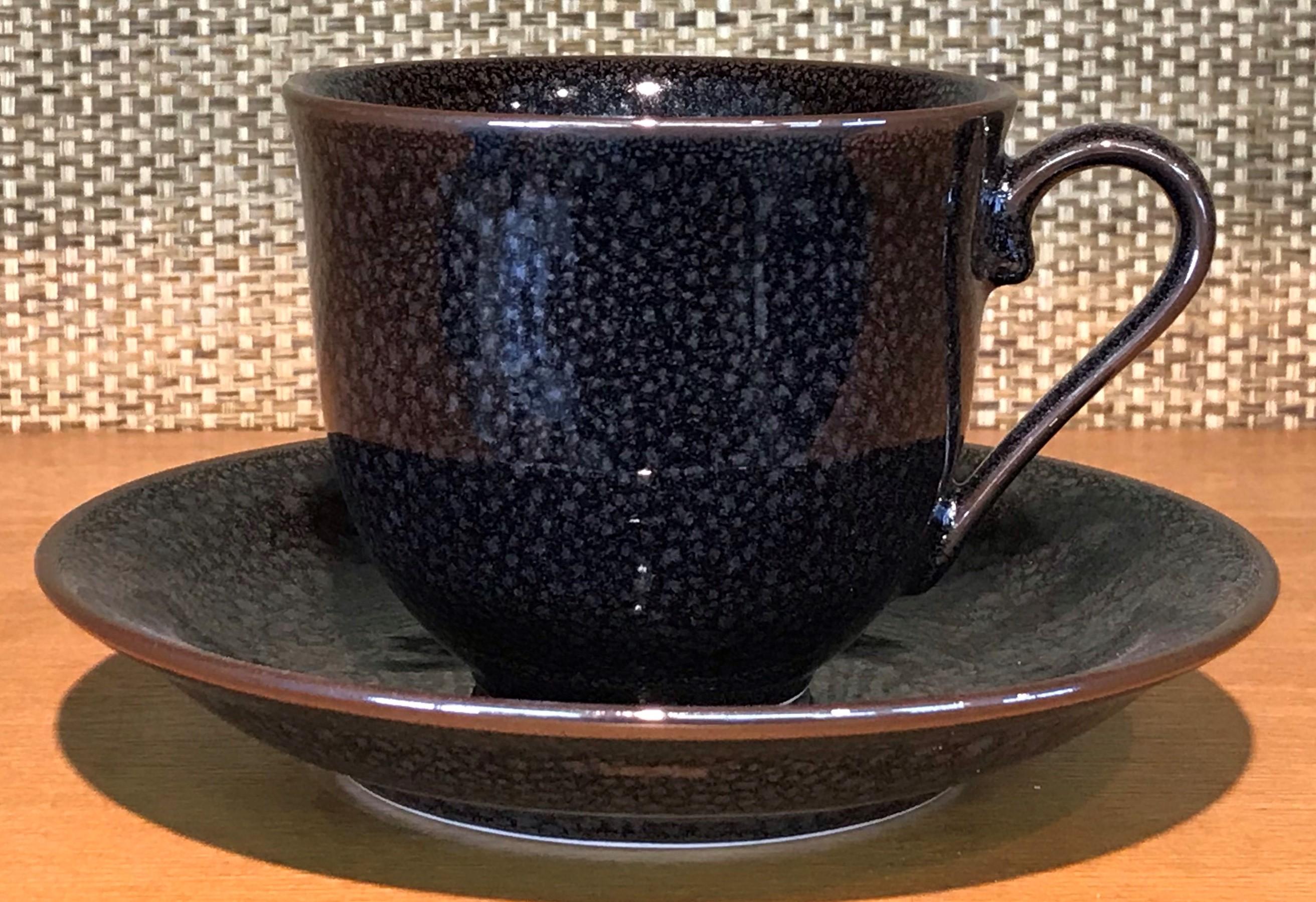 Japanese Brown Blue Hand-Glazed Porcelain Cup and Saucer by Master Artist, 2018 3