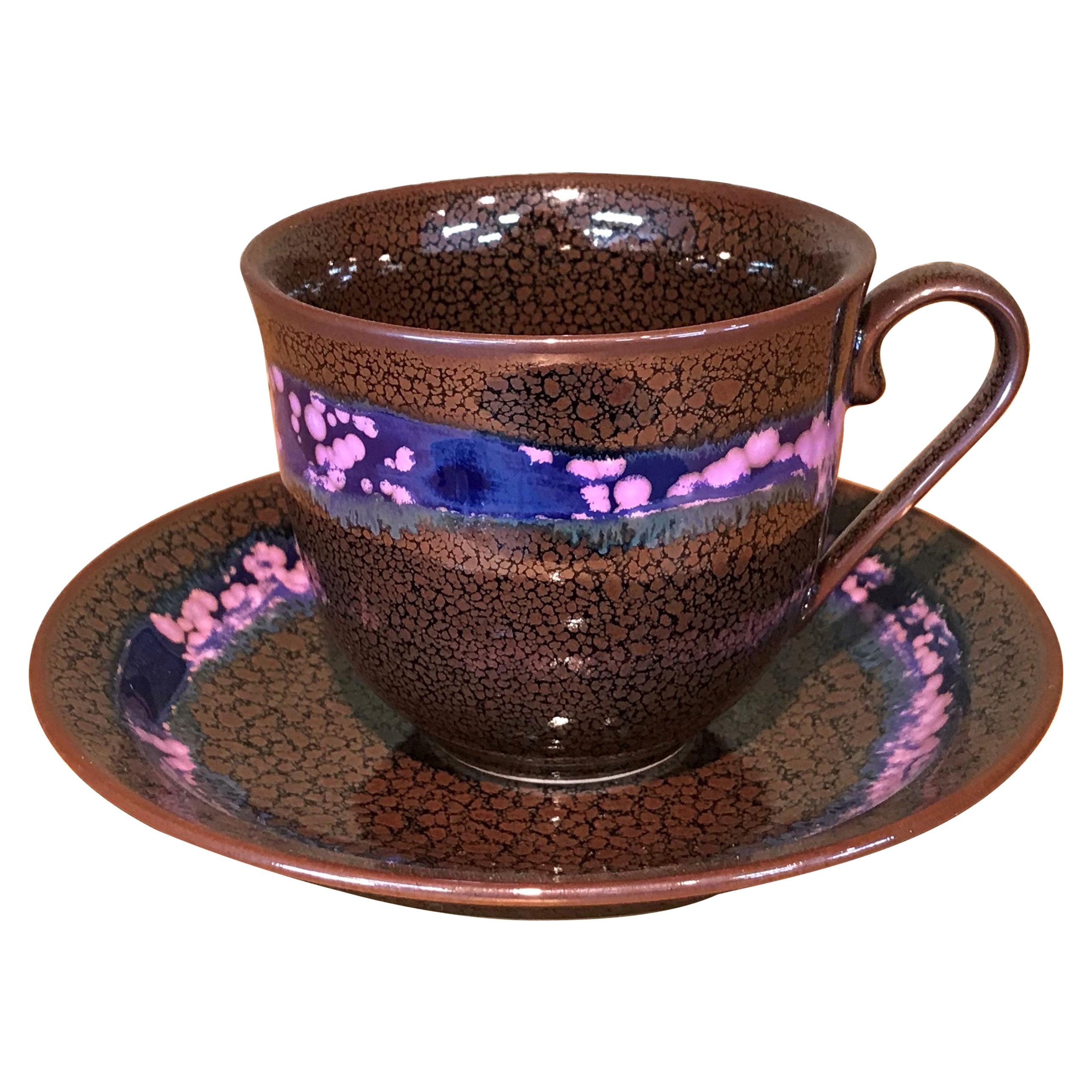 Japanese Brown Blue Hand-Glazed Porcelain Cup and Saucer by Master Artist, 2018