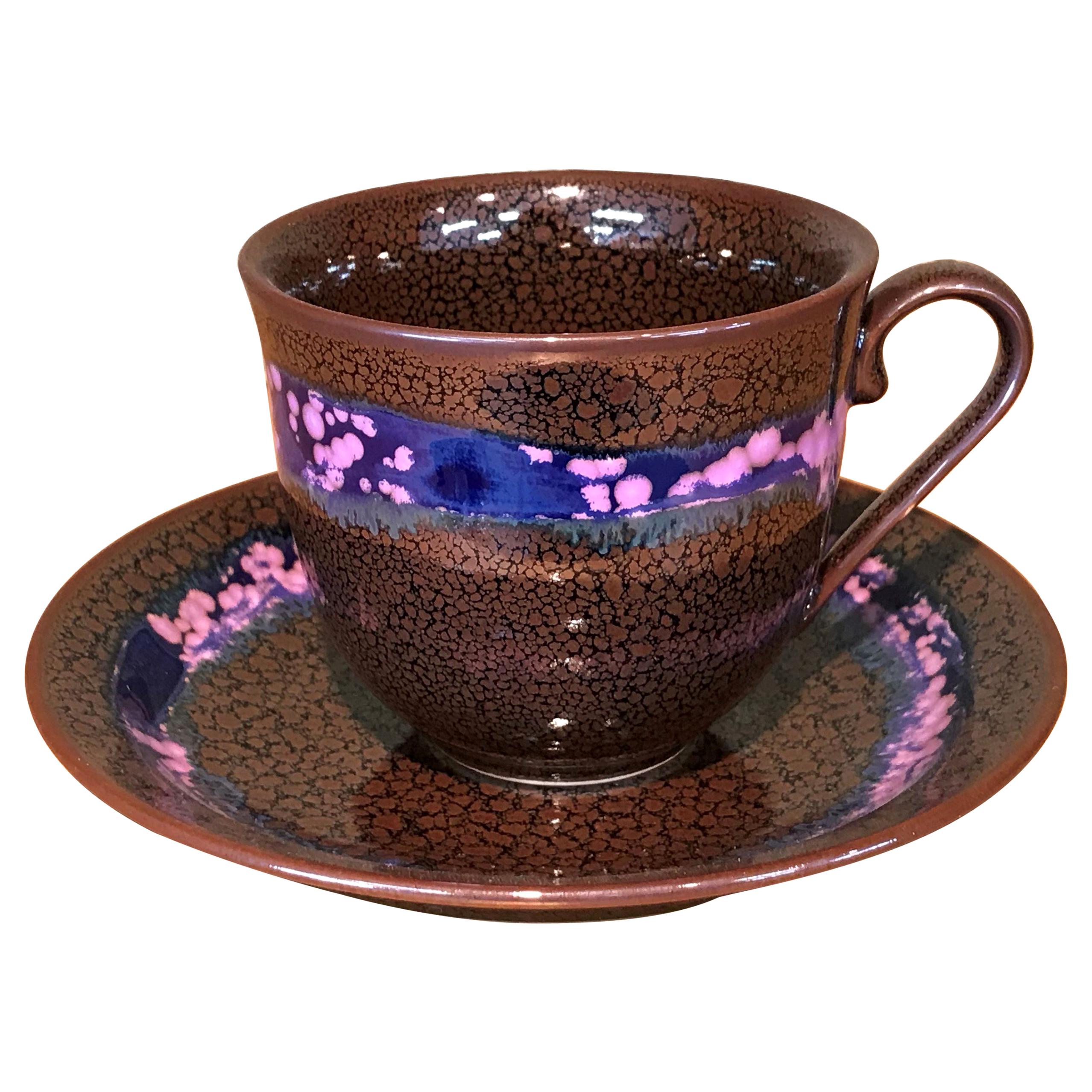 Brown Blue Hand-Glazed Porcelain Cup and Saucer by Japanese Master Artist