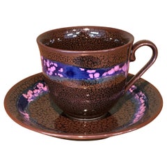 Brown Blue Hand-Glazed Porcelain Cup and Saucer by Japanese Master Artist