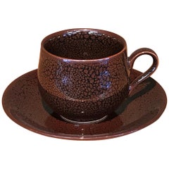 Japanese Brown Hand-Glazed Porcelain Cup and Saucer, Contemporary Master Artist