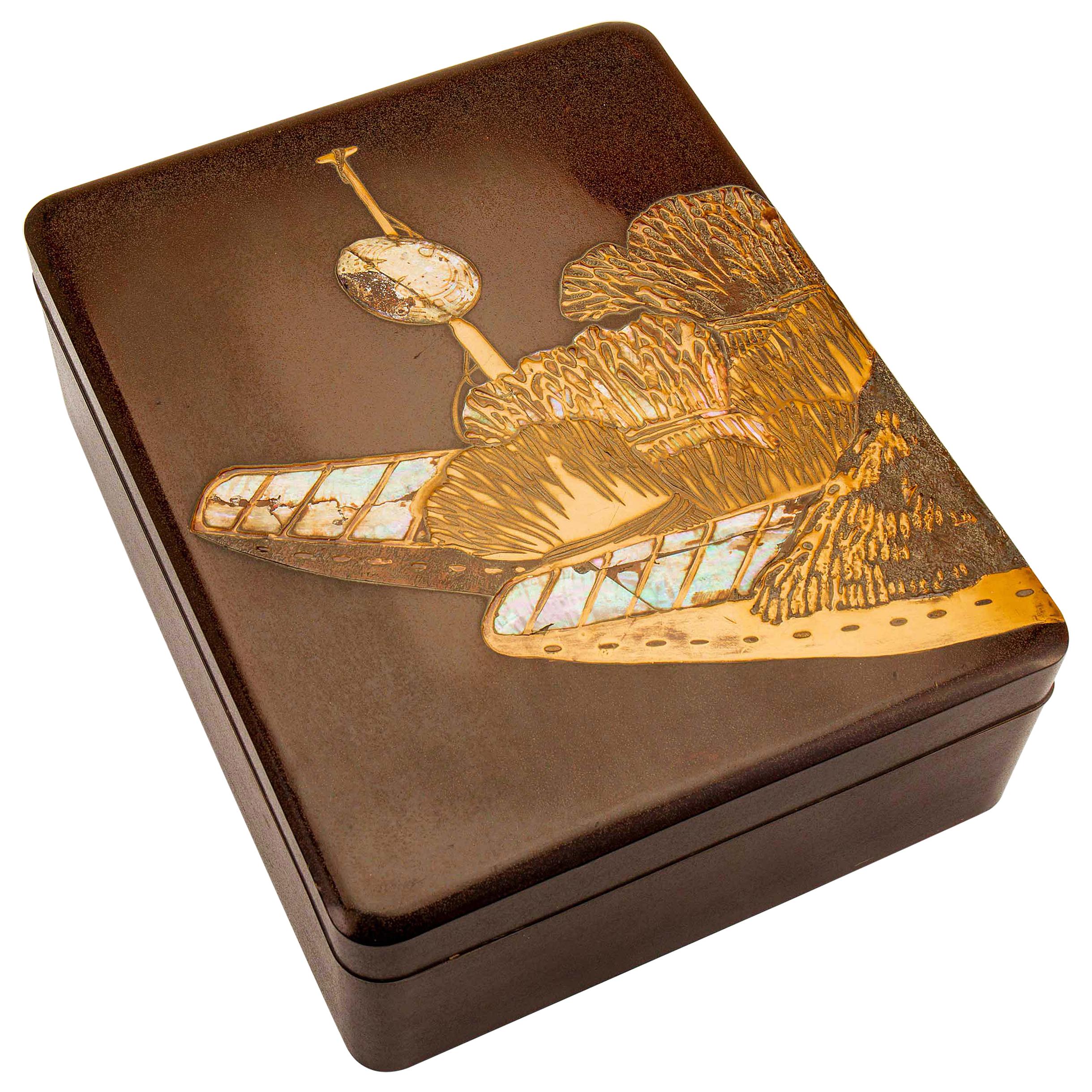 Japanese Brown Lacquer Rinpa Style Document Box with Mother of Pearl Inlay