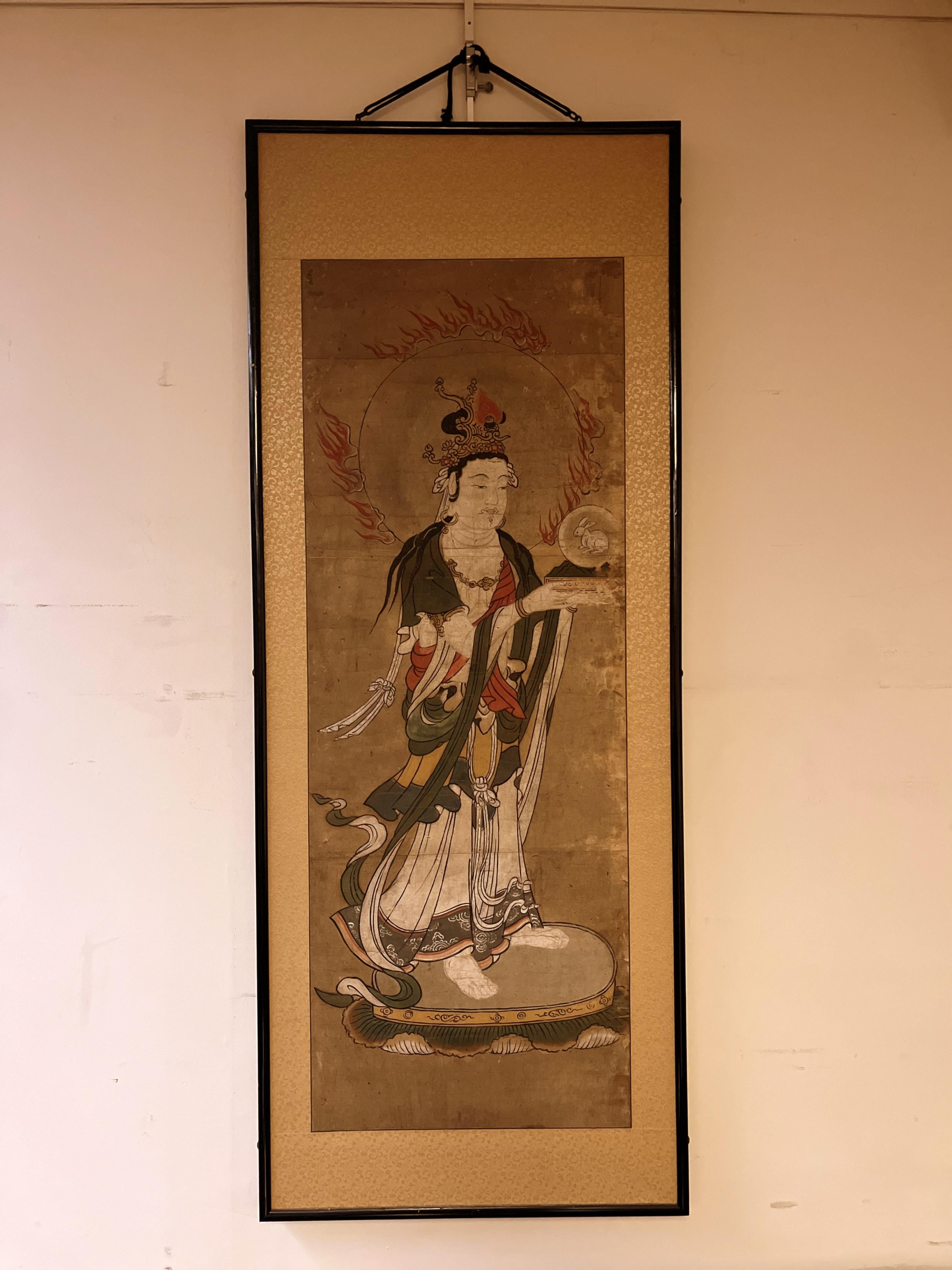 Japanese brush painting of a standing Bodhisattva of Mercy, beautiful colors and brush work, 19th century, original brocade mount