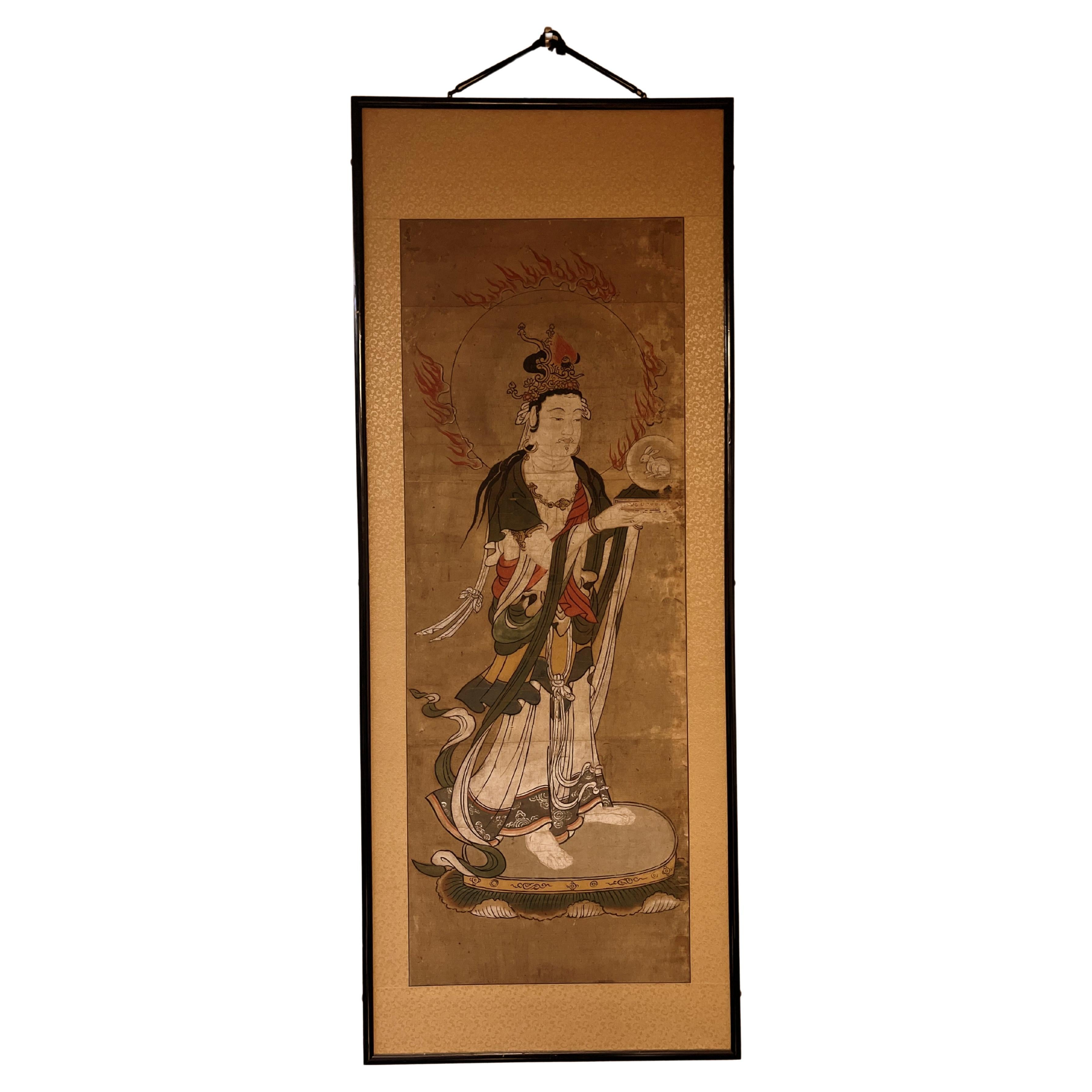  Japanese Brush Painting of a Standing Bodhisattva of Mercy For Sale
