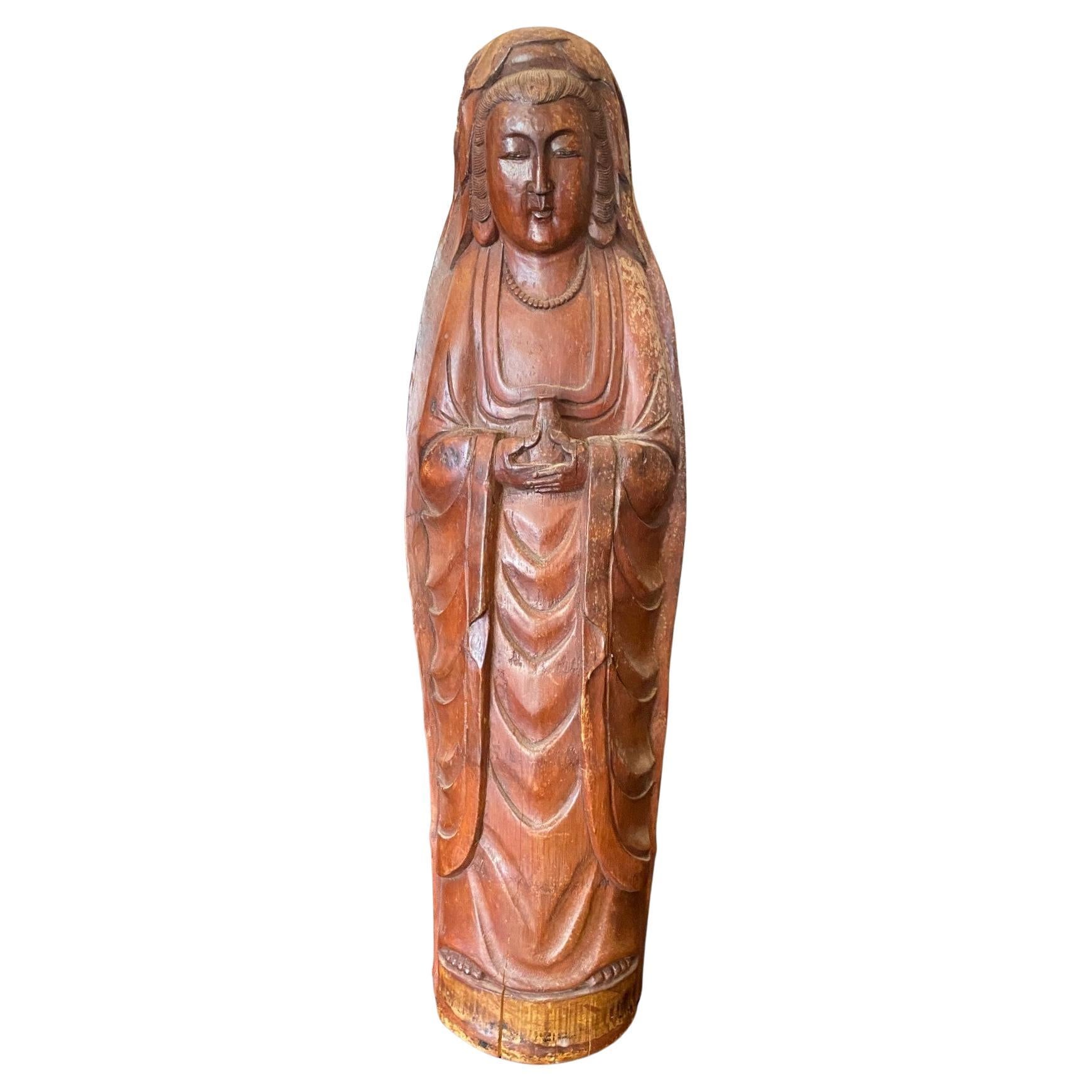 Sculpture Bouddha Kannon Bodhisattva en bois de bambou Statue bouddhiste japonaise en vente
