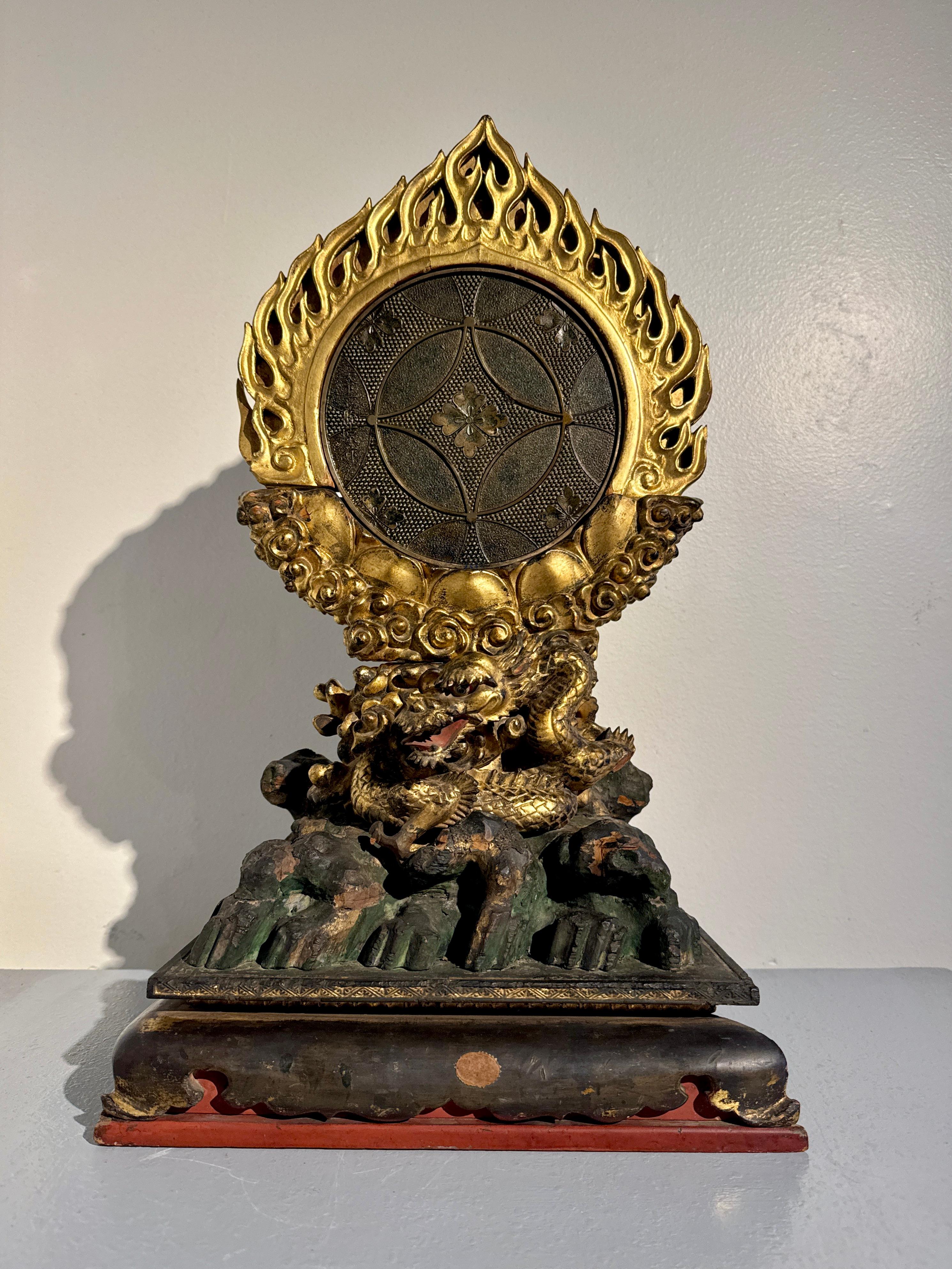Hand-Carved Japanese Buddhist Mirror and Dragon Stand, Edo Period, early 19th c, Japan For Sale