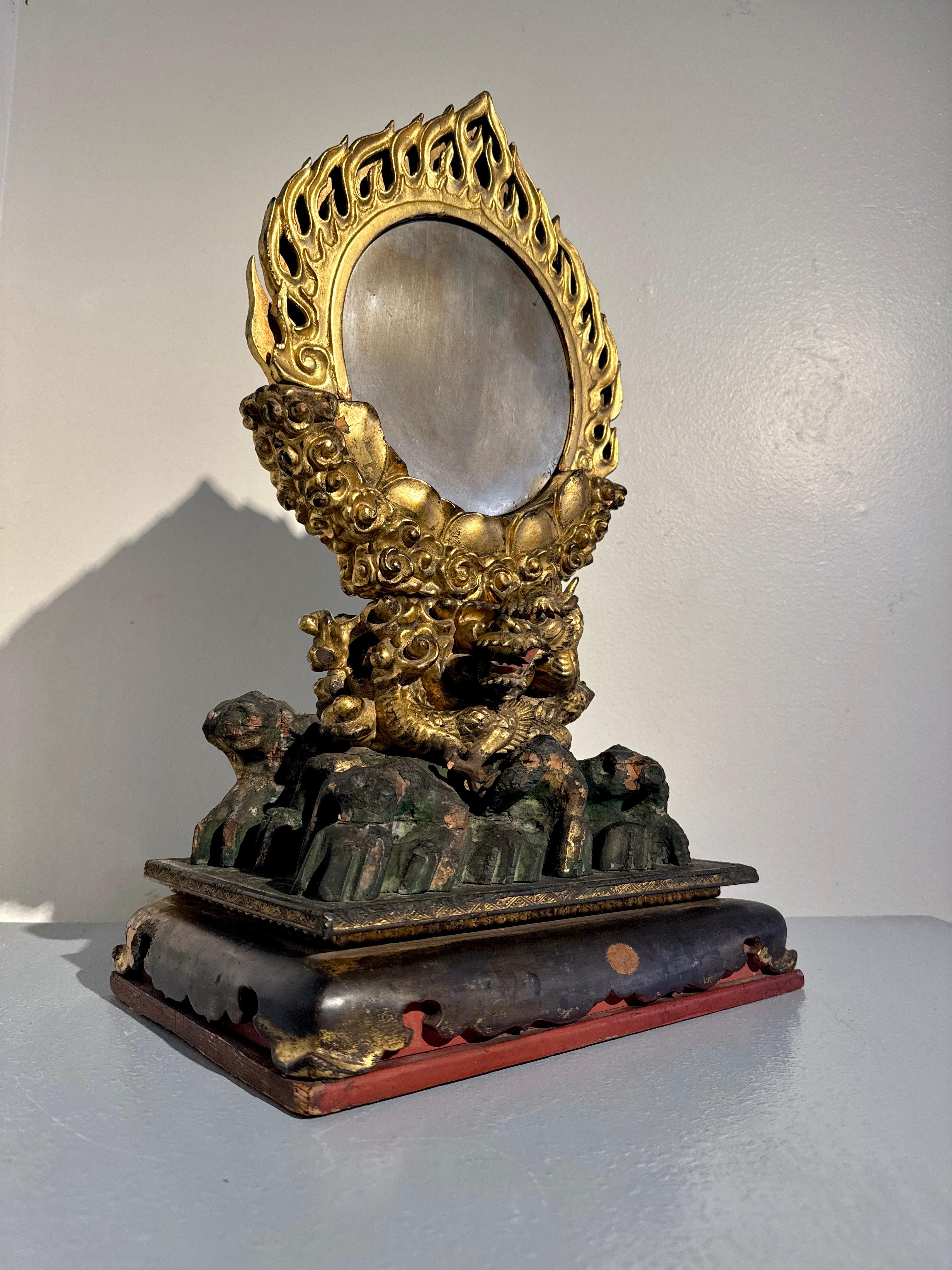 Japanese Buddhist Mirror and Dragon Stand, Edo Period, early 19th c, Japan In Fair Condition For Sale In Austin, TX