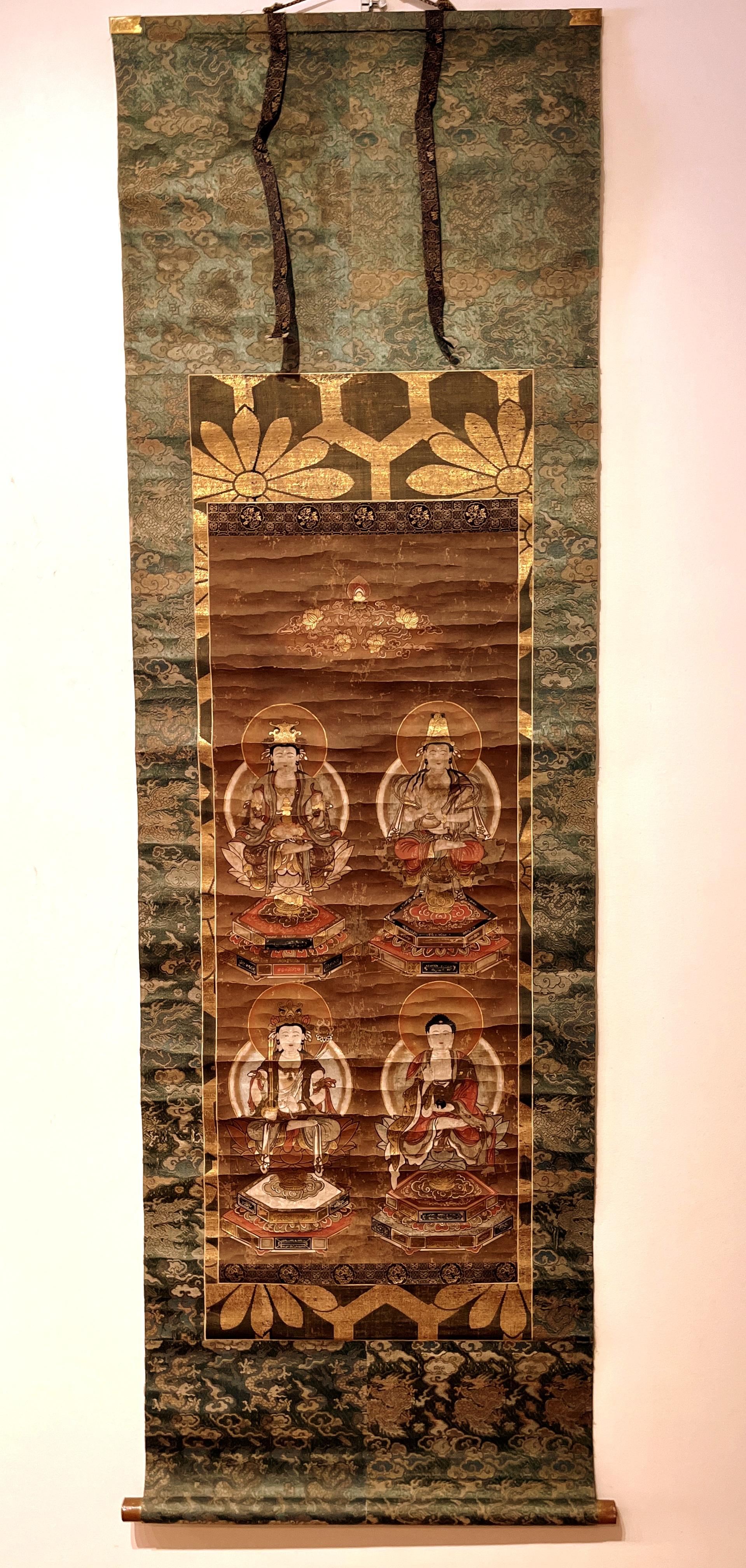 Japanese Buddhist Painting , Hanging Scroll Painting
Depicted Amituofo and Budhisattva in the painting sitting on the lotus crown seats. Beautiful and finely outside mounted brocades. 
Overall size:  70