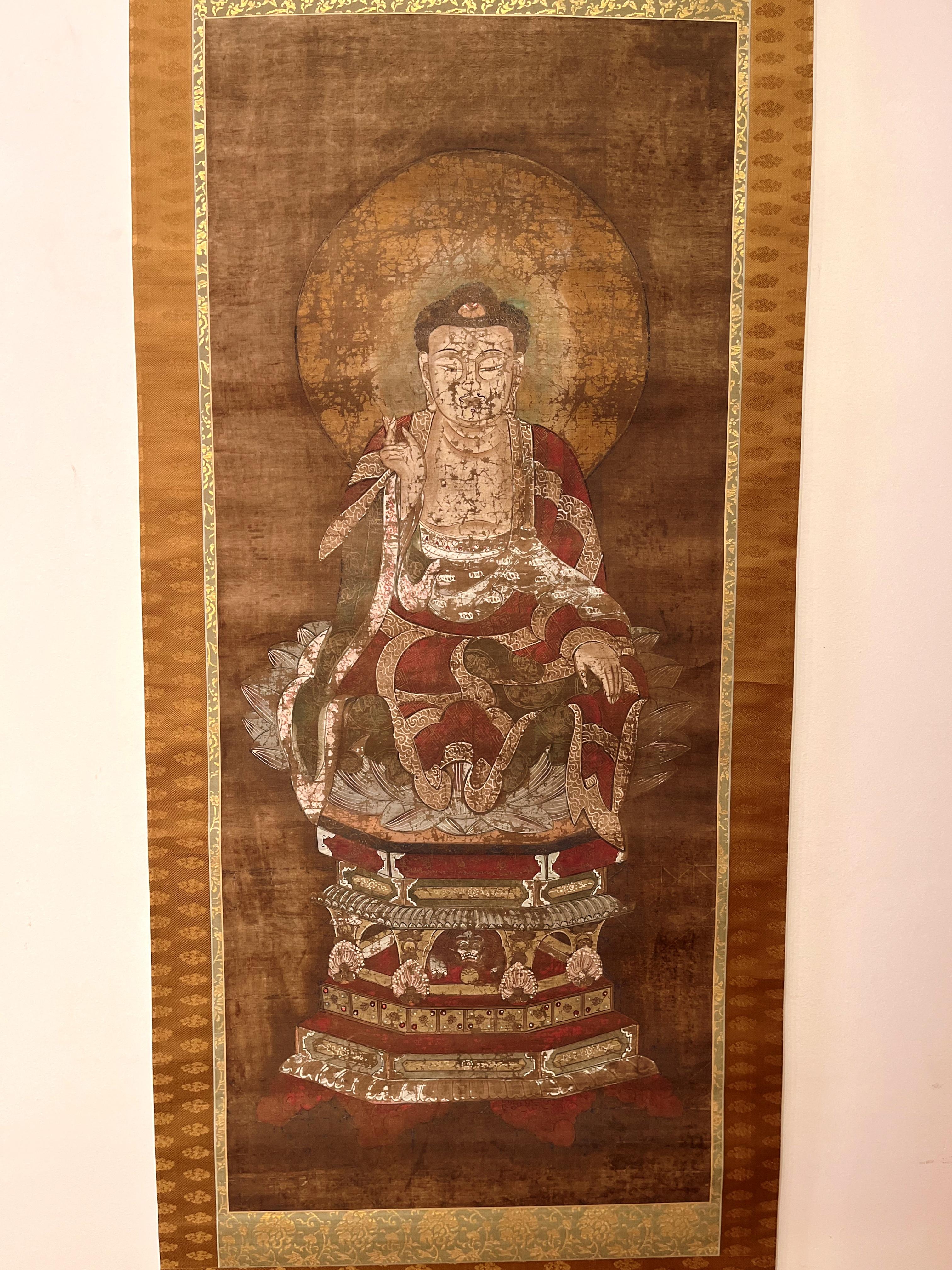 Hand-Painted Japanese Buddhist Painting of Sitting on Lotus Crown, Scroll Painting  For Sale