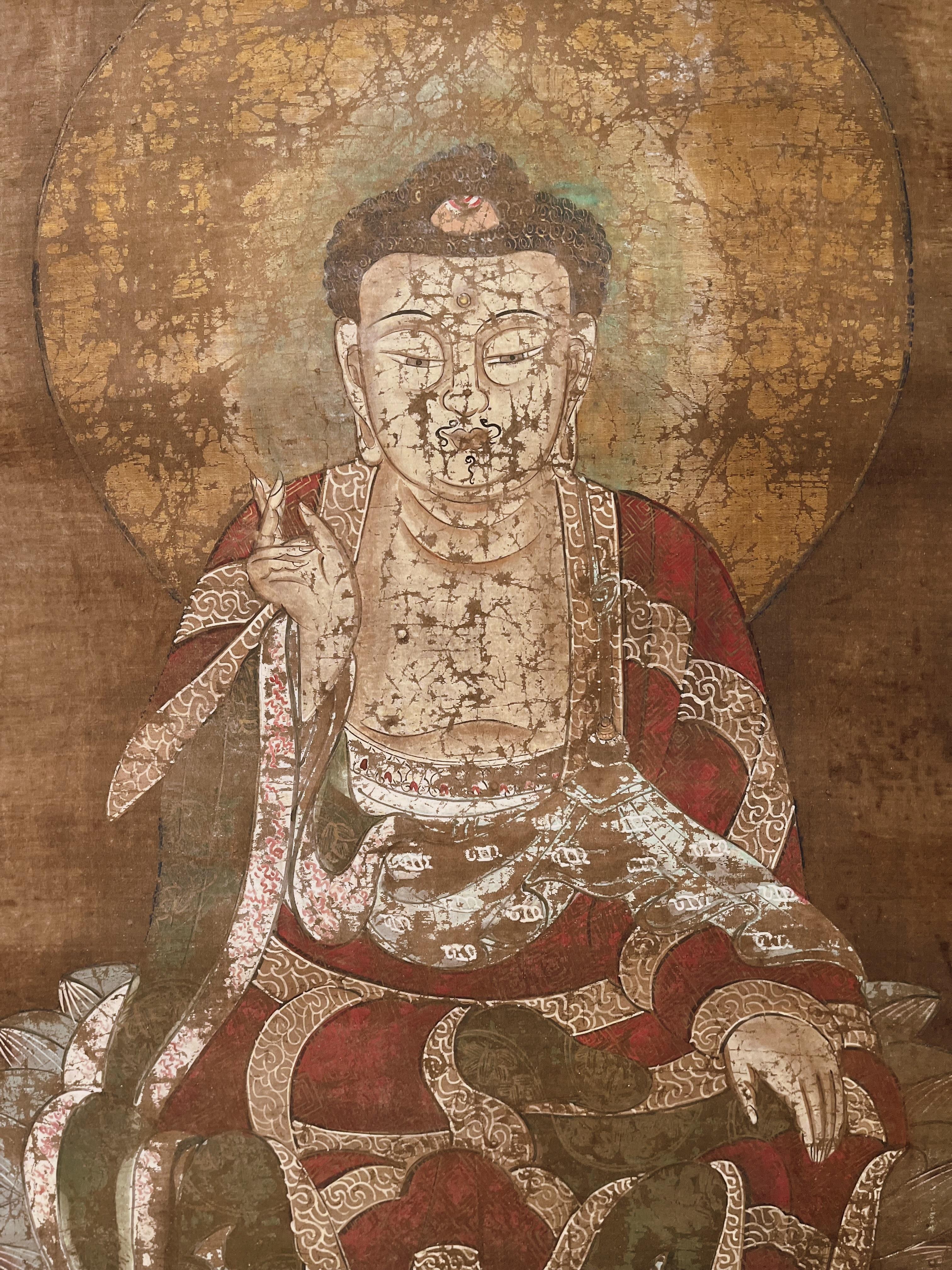 Silk Japanese Buddhist Painting of Sitting on Lotus Crown, Scroll Painting  For Sale