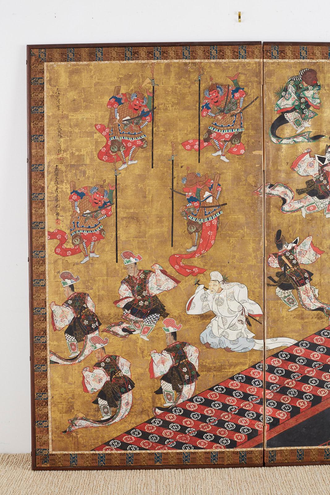 Hand-Painted Japanese Edo Bugaku Imperial Court Dance Two-Panel Screen