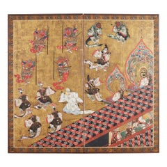 Antique Japanese Edo Bugaku Imperial Court Dance Two-Panel Screen